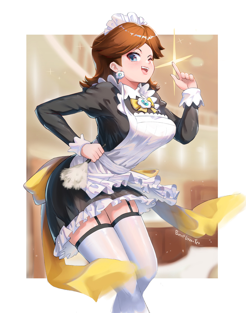 1girls, blue eyes, brown hair, burnt green tea, clothed, earring, feather duster, female, female only, flower earrings, higher resolution available, maid, maid apron, maid headdress, maid outfit, maid uniform, mario (series), nintendo, princess daisy, wink, winking, winking at viewer