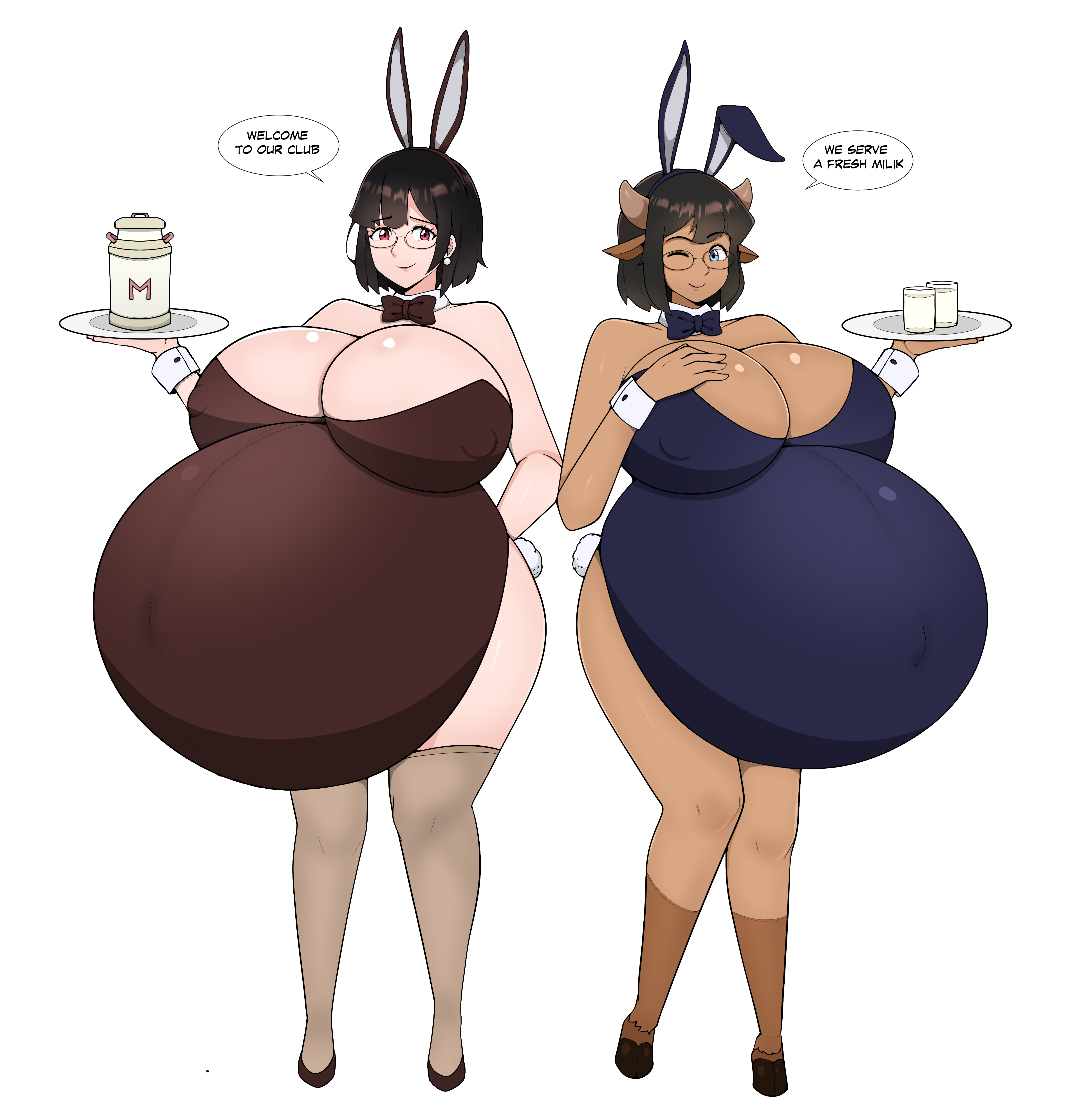 2girls, ashley (science fiction), big belly, big breasts, breasts, bunnysuit, cow girl, female, glasses, high heels, hyper pregnancy, milk bottle, minotaur, monster girl, original, pregnancy, pregnant, pregnant belly, pregnant female, short hair, standing, zeruxu