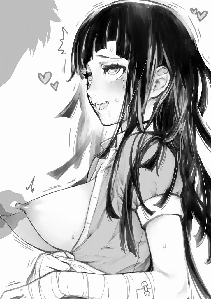 apron bandages bangs black_hair blush breasts danganronpa danganronpa_2:_goodbye_despair female hinata_hajime large_breasts long_hair mole mole_under_eye monochrome nipple_tweak nipples nurse open_mouth orgasm shirt short_sleeves smooth_skin solo_focus straight super_danganronpa_2 teri_terio tsumiki_mikan white_background