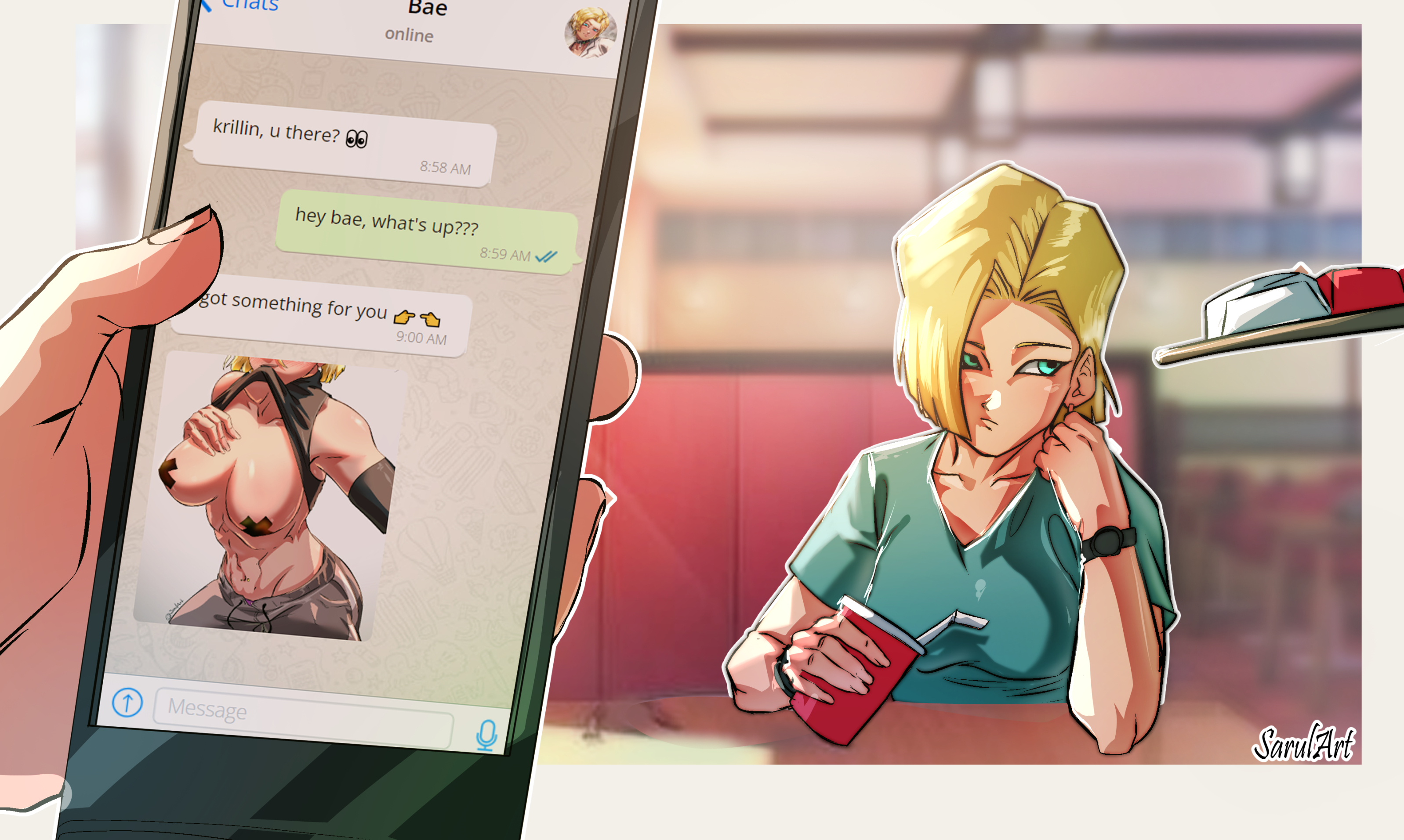 1boy, 1girls, android 18, blonde hair, blue eyes, breasts, couple, dragon ball, dragon ball z, drink, english text, female, holding phone, krillin, kuririn, male, male pov, message, phone, phone screen, picture, pov, restaurant, selfie, shirt lift, shounen jump, showing breasts, straight, text message, x pasties