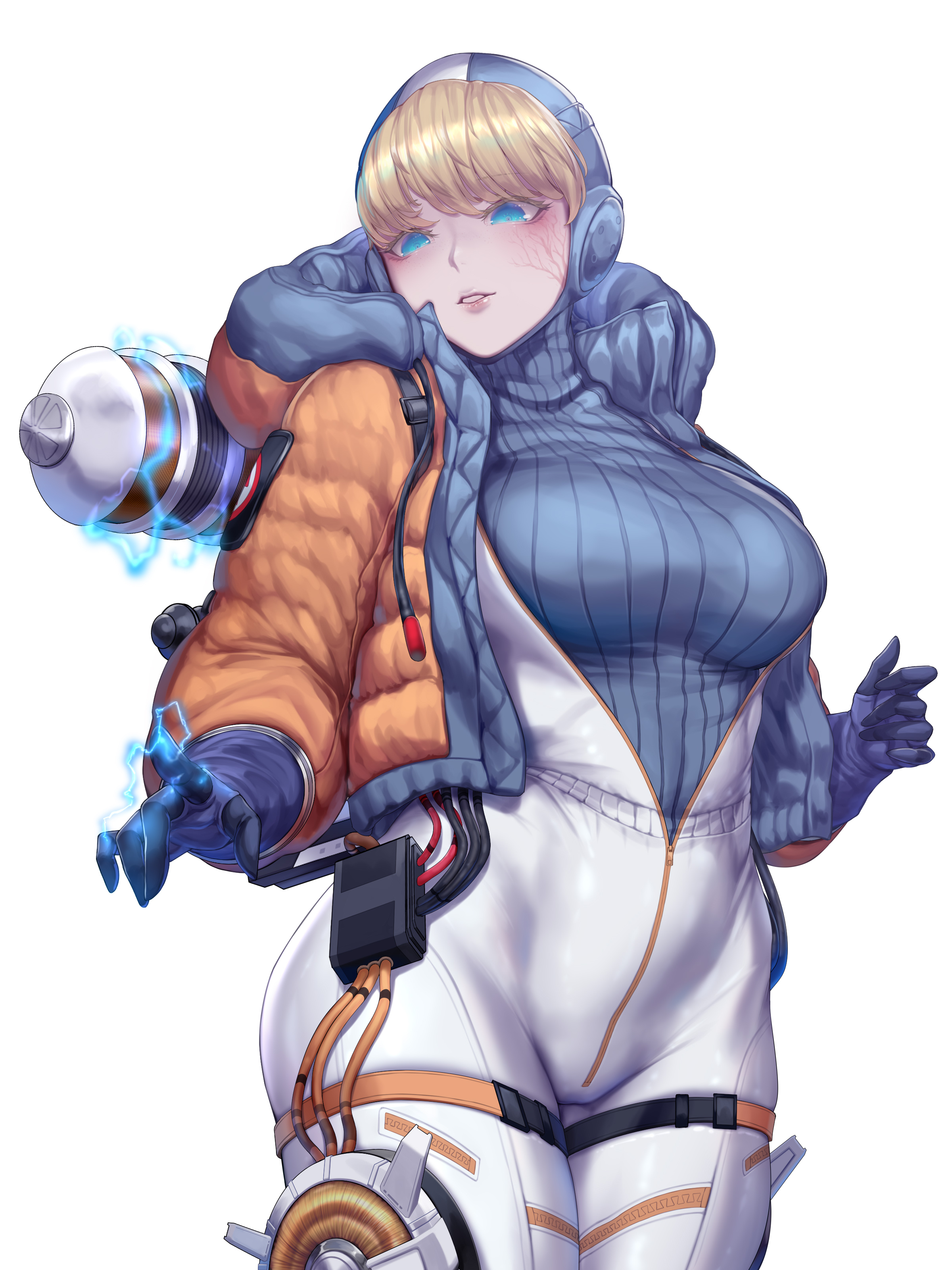 apex legends, ass, belt, big ass, big breasts, big butt, breasts, breasts out, bubble ass, bubble butt, bursting breasts, female, jumpsuit, lichtenberg figure, looking at another, outgrowing clothes, scar, seductive, simple background, skin tight, skin tight suit, stretched clothing, thick, thick hips, thick thighs, tight clothes, tight clothing, tight fit, tight pants, tights, unknown artist, wattson (apex legends)