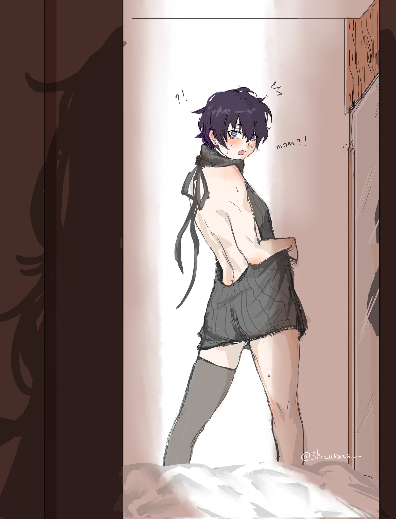1boy, ass, blush, femboy, indie virtual youtuber, male, male only, pov, shizukaaa, shocked, shoto, shoto (vtuber), shxtou, sweater, thick ass, thick thighs, virgin killer sweater, virtual youtuber