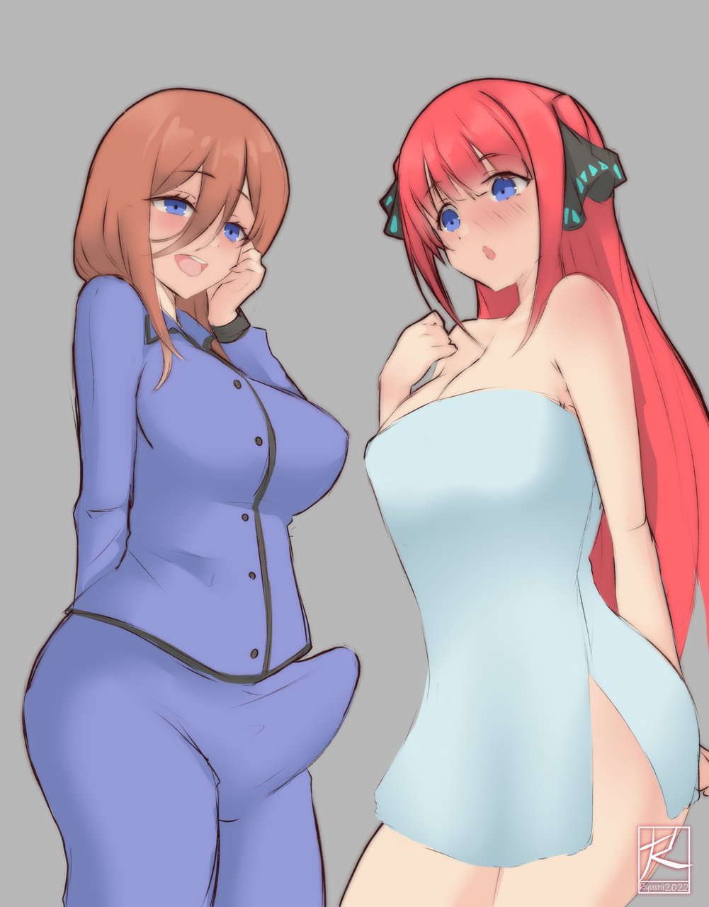 1futa 1girls blue_eyes blush brown_hair erection_under_clothes female futa_on_female futanari go-toubun_no_hanayome incest long_hair nakano_miku nakano_nino pajamas pink_hair ryumi-gin sisters towel