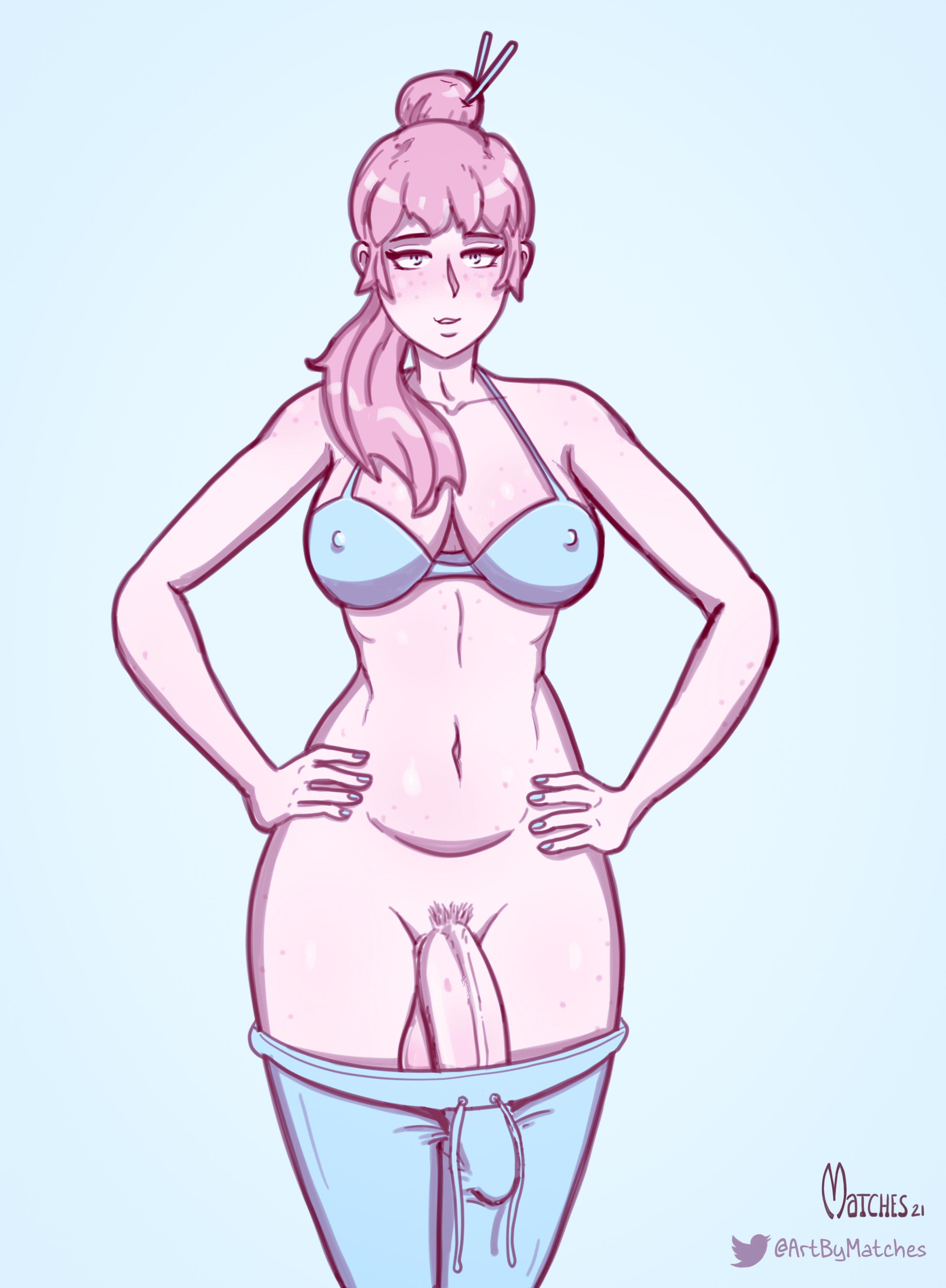 1futa, artbymatches, balls, big breasts, big penis, breasts, clothed, clothing, flaccid, futa only, futanari, intersex, light skin, light-skinned futa, medium hair, mostly nude, pants down, penis, pink hair, ponytail, solo, standing, tagme