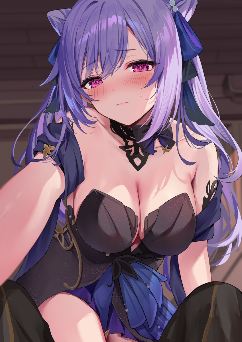 1boy 1girls absurdres aether_(genshin_impact) bangs bare_shoulders blue_ribbon blurry blurry_background blush breasts breasts_out cone_hair_bun double_bun dress embarrassed female genshin_impact hair_bun hair_ornament highres hizuki_higure keqing_(genshin_impact) keqing_(opulent_splendor)_(genshin_impact) large_breasts leaning_forward long_hair looking_at_viewer nipples outstretched_arm purple_eyes purple_hair raised_eyebrows ribbon sweatdrop swept_bangs twintails