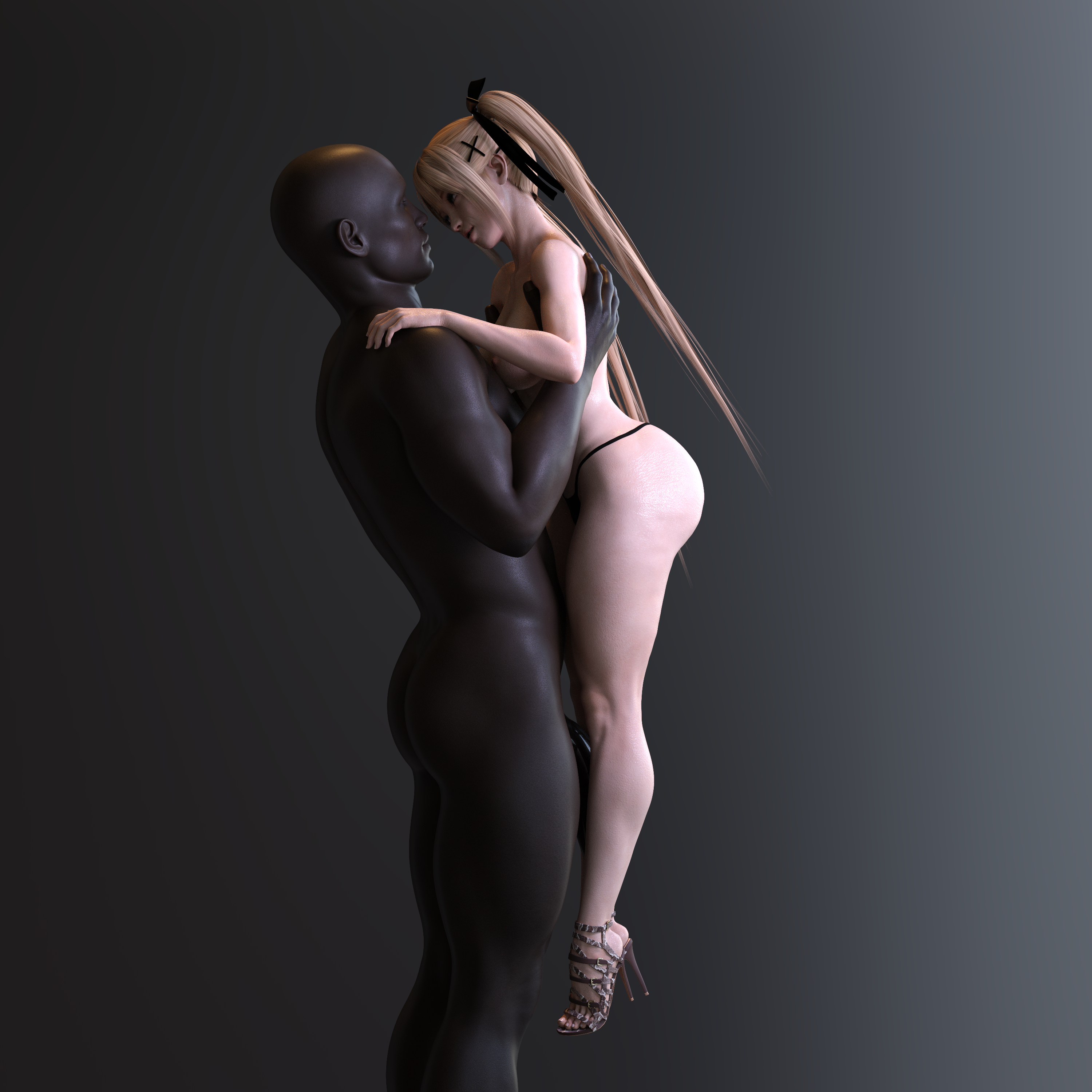 1boy, 1girls, 3d, areolae, ass, athletic, athletic female, bald male, black panties, blonde hair, blue eyes, breasts, carrying, carrying partner, dark skin, dark-skinned male, dead or alive, dead or alive 5, feet, female, gm studios, hair ribbon, high heels, huge ass, huge cock, interracial, large penis, light skin, light-skinned female, long hair, looking at partner, male, marie rose, medium breasts, panties, penis, petite, simple background, standing, thong, toes, toned, toned female, topless, twintails, veiny penis