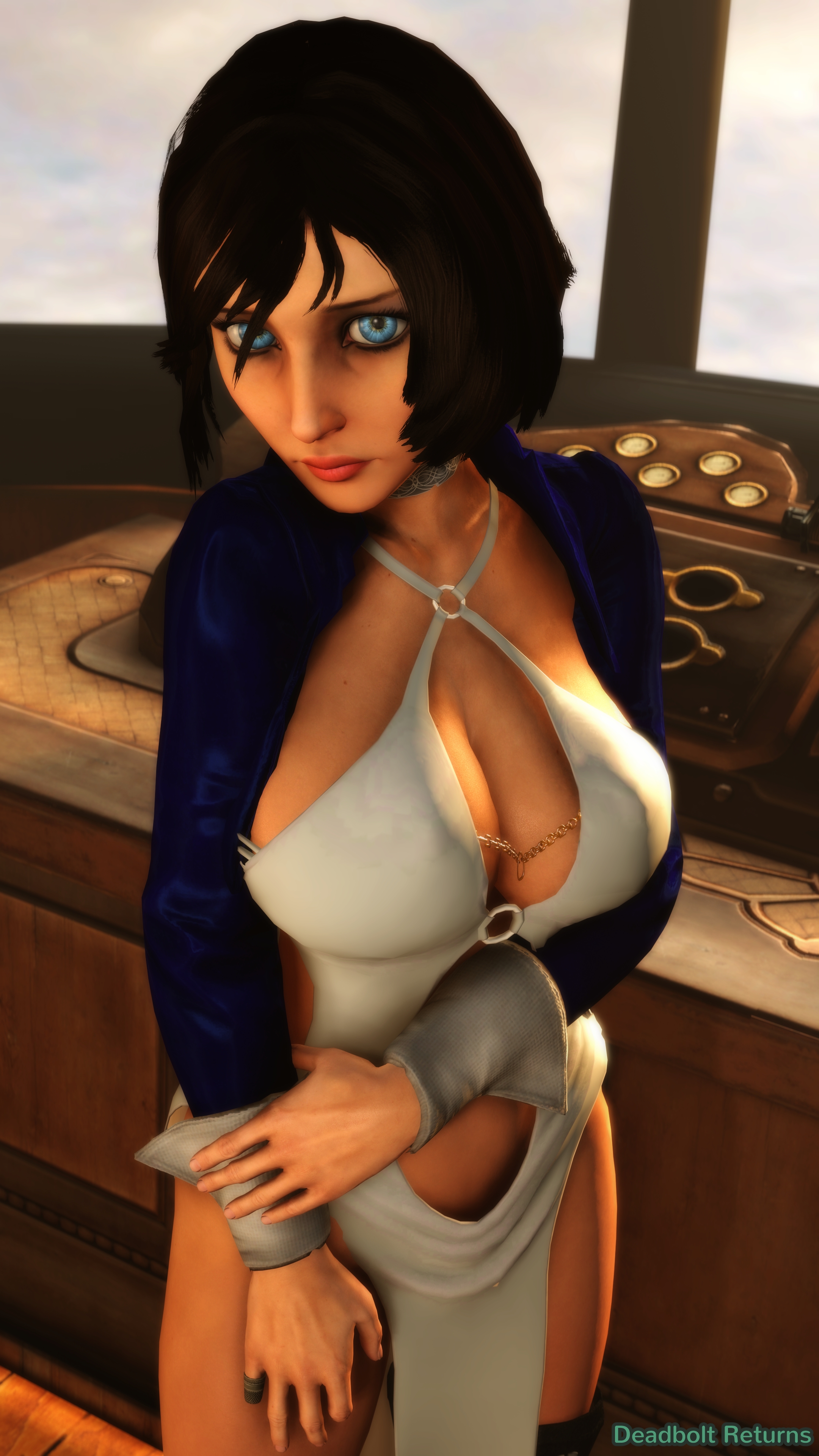 3d, big breasts, bioshock, bioshock infinite, blue eyes, bolero, breasts, busty, cleavage, deadboltreturns, dress, elizabeth comstock, female, female focus, female only, hourglass figure, makeup, pinup, pinup pose, skimpy, skimpy dress, wide hips