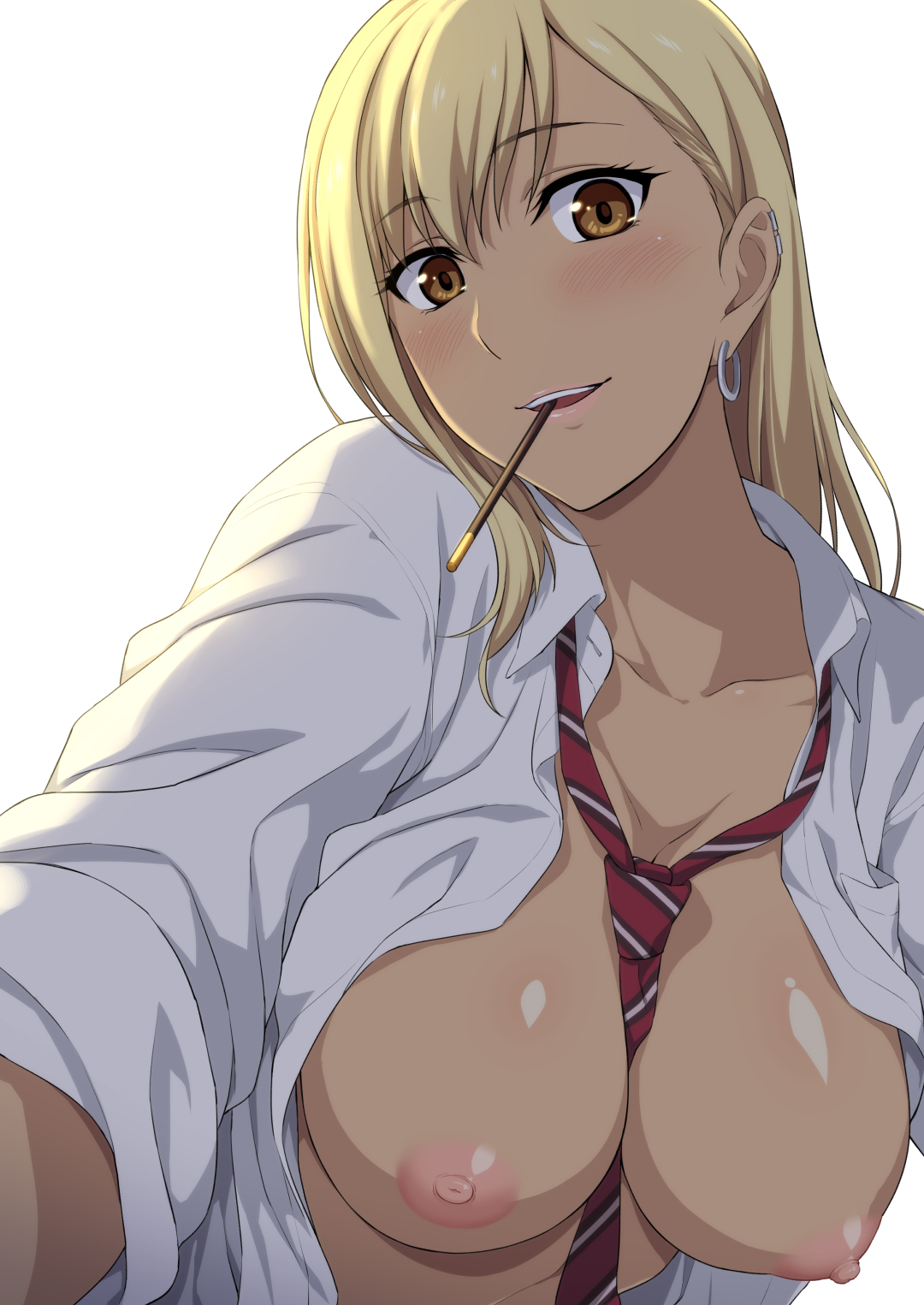 between breasts, blonde hair, blush, breasts, dark skin, dark-skinned female, female, ishigaki takashi, looking at viewer, mouth hold, necklace, open clothes, original, pocky, shiny skin, tan, tan skin, yellow eyes