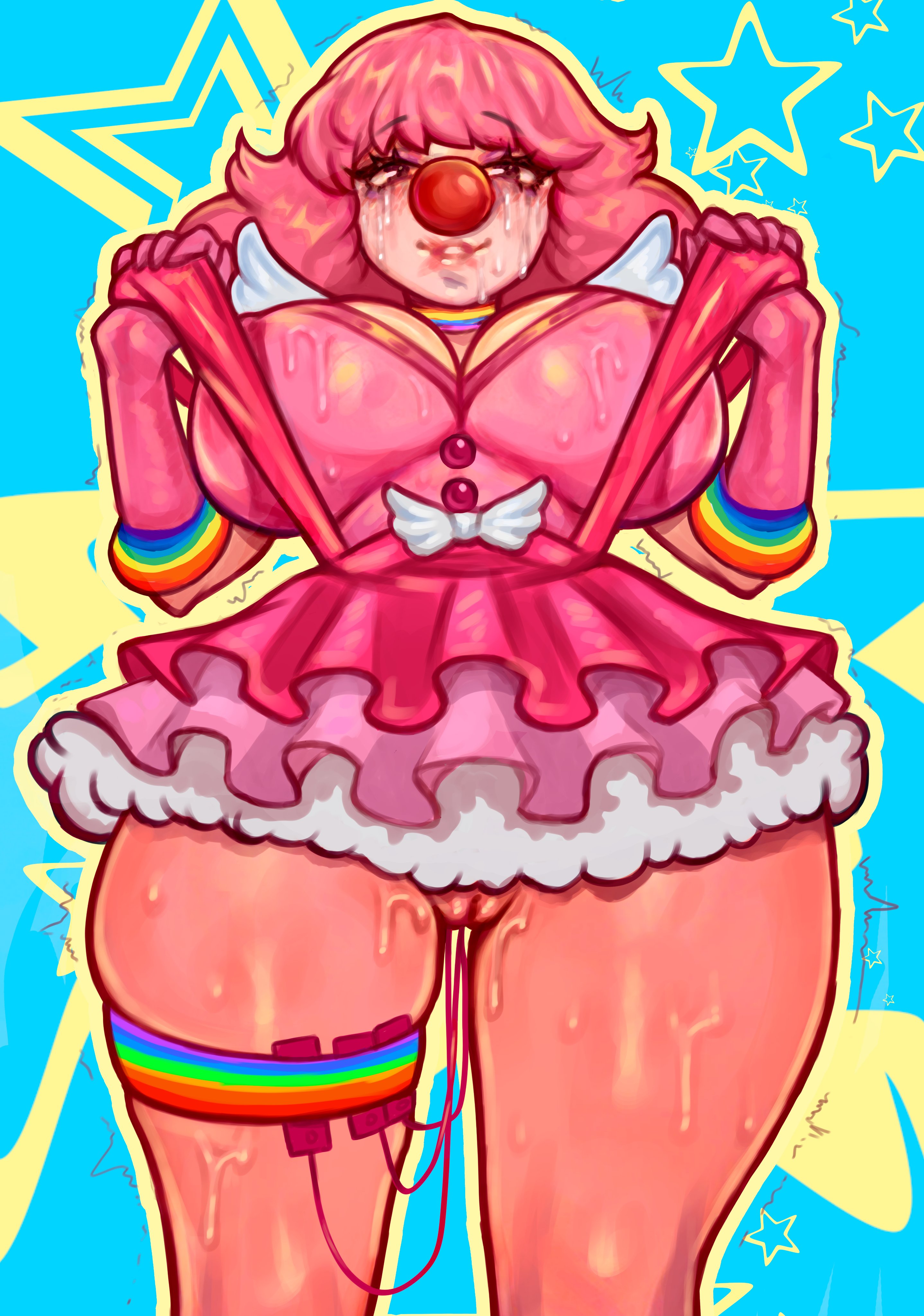 1girls, ace attorney, big breasts, blush, breasts, brown eyes, capcom, cleavage, clown, clown girl, clown makeup, clown nose, clussy, dress, female, female only, fistingmadam, geiru toneido, gloves, gyakuten saiban, innie pussy, large breasts, no panties, pink hair, pussy, sex toy, suspenders, sweat, tears, thick thighs, vibrator, vibrator in pussy, vibrator taped to leg, wide hips