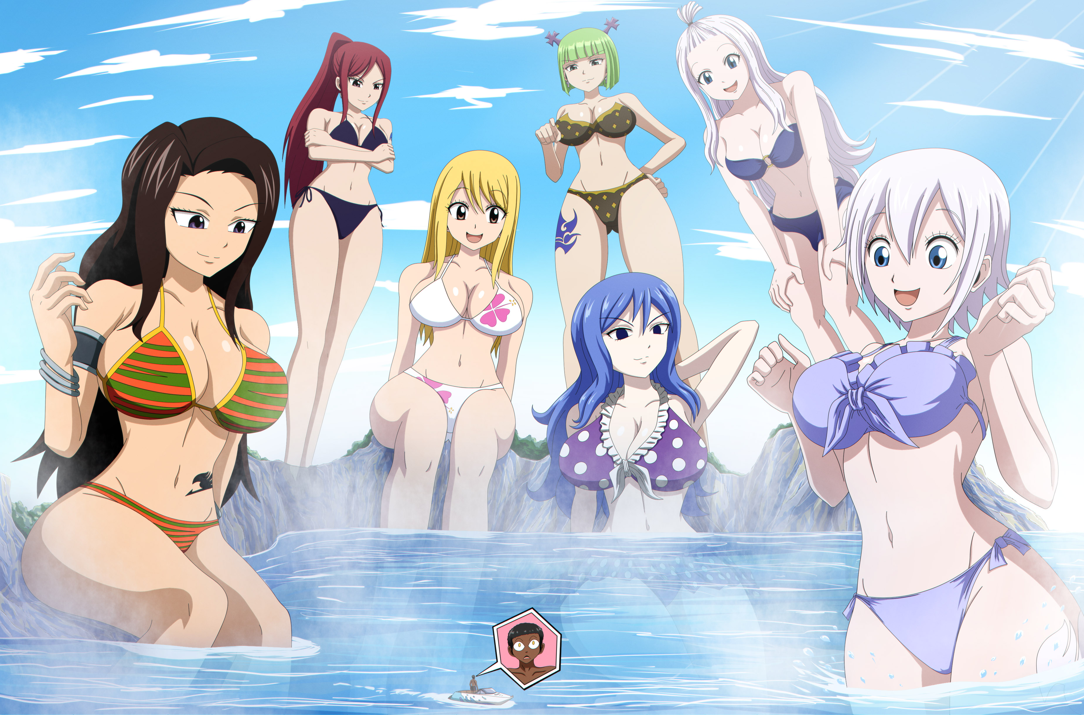 6+girls, 7girls, alvarez empire mark, anime style, bath, bathing, bathing together, belly tattoo, black tattoo, blonde hair, blonde-haired female, blue eyes, blue tattoo, blue-haired female, brandish mew, breasts, brown hair, brown-haired female, cana alberona, copyright request, erza scarlet, fairy tail, fairy tail mark, female, giantess, green eyes, green hair, green-haired female, juvia lockser, lake, leg tattoo, lisanna strauss, lucy heartfilia, macrophilia, mirajane strauss, ocean, onsen, pixiv, purple eyes, red eyes, red hair, red-haired female, shrinking, shrunk, tattoo, tattoo on belly, tattoo on legs, tattooed belly, tattooed leg, thick thighs, water, white hair, white tattoo, white-haired female, wide hips