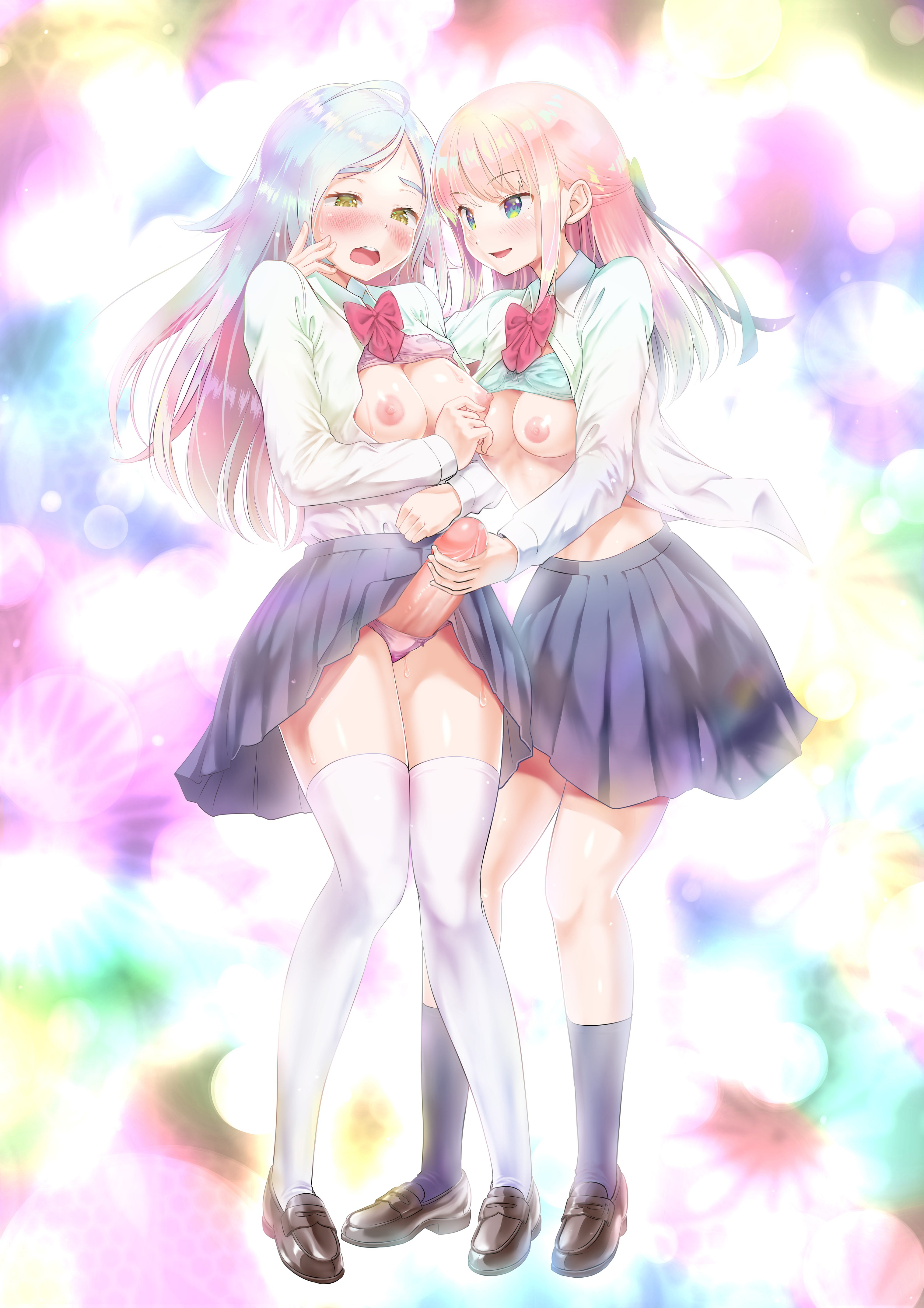 1futa, 1girls, animal ears, areolae, ayanakitori, big penis, blue eyes, blush, bow tie, bra lift, breasts, breasts out, calf socks, clothed, clothing, collared shirt, decensored, duo, erection, female, futa sans balls, futa with female, futanari, glans, gradient hair, green eyes, hair bow, hand on face, handjob, intersex, large penis, light skin, light-skinned futa, loafers, long sleeves, looking at another, looking at own penis, medium hair, mostly clothed, nipples, original, original characters, panties, penis, penis in panties, pink hair, pleated skirt, precum, pussy, pussy juice, pussy juice drip, serafuku, skirt lift, smile, standing, sweat, thighhighs, third-party edit, uncensored, wet panties