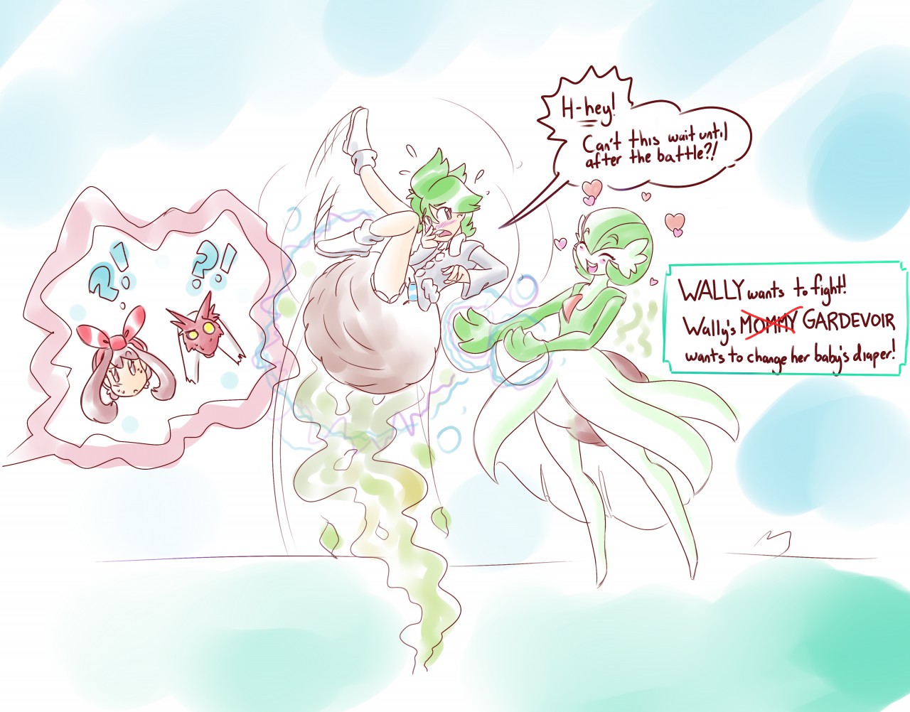 1boy, 1girls, blaziken, diaper, female, gardevoir, magic, male, may (pokemon oras), may (pokemon), messing, messy diaper, mommy kink, pokemon, pokemon (species), pokemon oras, rfswitched, scat, soiling, stink lines, wally (pokemon)