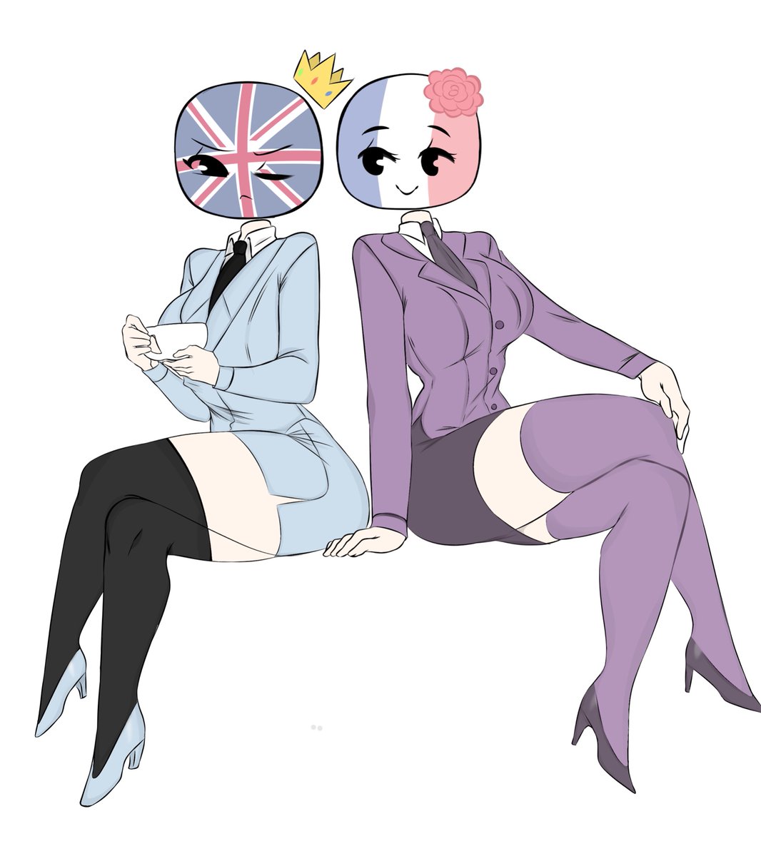 2girls, clothed, clothing, countryhumans, countryhumans girl, crown, female, female only, flawsy, flower in hair, france (countryhumans), fully clothed, humanoid, light skin, light-skinned female, safe, skirt, solo, tea, united kingdom (countryhumans), yuri