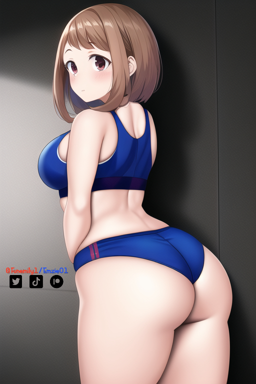 1girls ai_generated ass blush brown_eyes brown_hair buruma funemily1 gym_uniform medium_breasts my_hero_academia nai_diffusion ochako_uraraka sports_bra stable_diffusion standing tagme thighs watermark