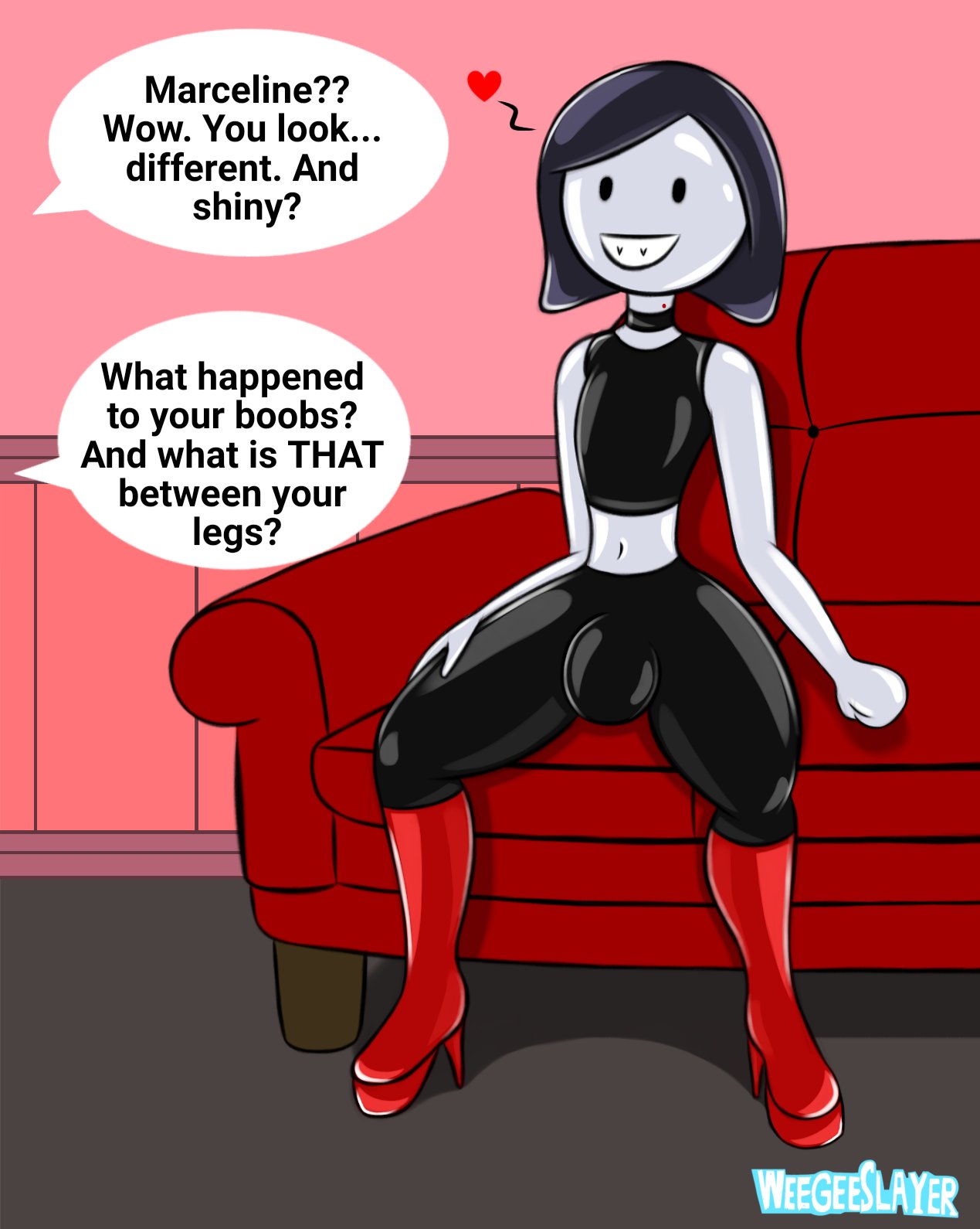 2021 adventure_time bulge digital_media_(artwork) english_text ftm_transformation genderswap genderswap_(ftm) happy_trance heel_boots hi_res knee_boots latex marceline null_bulge objectification penis permanent_transformation rubber_doll rubber_transformation rule_63 transformation weegeeslayer