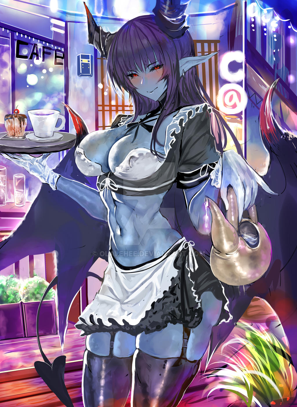 ass, blue skin, breasts, demon, demon (monster girl encyclopedia), demon girl, demon horns, demon tail, demon wings, female, huge ass, huge breasts, maid, maid uniform, monster girl, monster girl encyclopedia, navel, olalehee, succubus, thick thighs, tray, waitress, wide hips