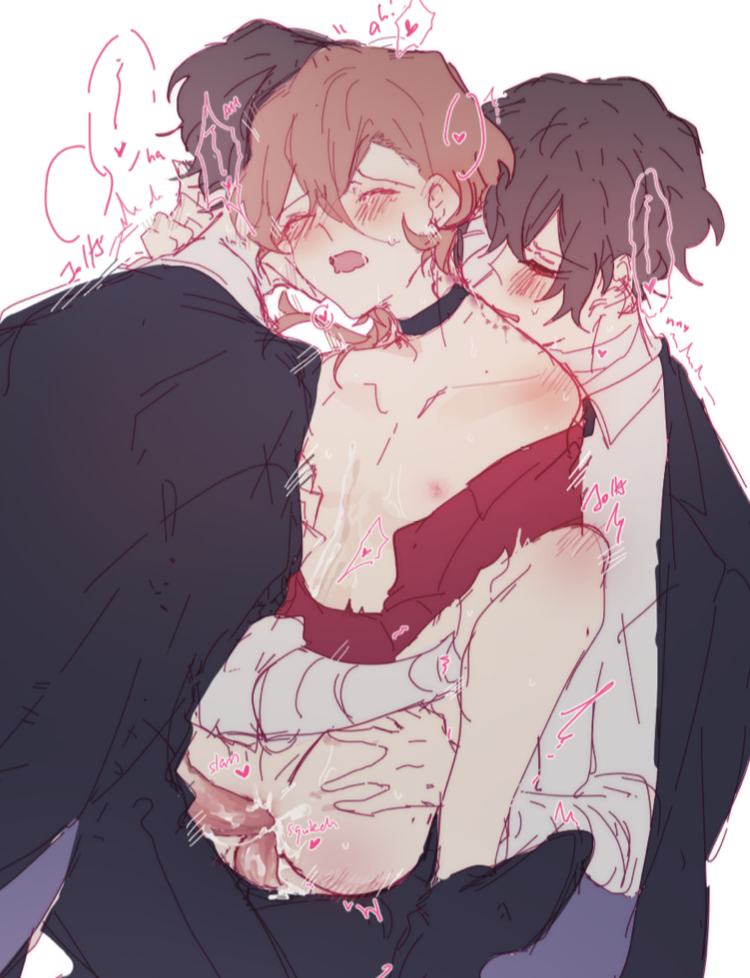 3boys, anal, artist request, ass, bite mark, bungo stray dogs, chuuya nakahara, cum, cum in ass, cum inside, cum on self, dazai osamu, double anal, double penetration, male, male only, moaning, penetration, stand and carry position, standing sex, threesome, yaoi
