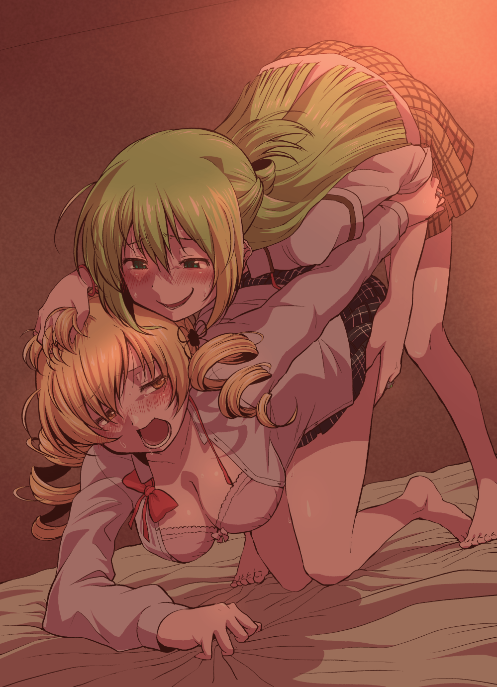 2girls alina_gray arm_support blush bra breasts cleavage clothed_sex clothing drill_hair female_focus green_eyes green_hair hand_in_another's_hair hand_on_another's_thigh highres implied_futanari implied_sex large_breasts long_hair magia_record:_mahou_shoujo_madoka_magica_gaiden mahou_shoujo_madoka_magica multiple_girls naughty_face open_clothes open_mouth pink_bra plaid plaid_skirt rape school_uniform short_hair skirt sweat thighs tomoe_mami touyu_(yuruyuruto) underwear yellow_eyes yuri