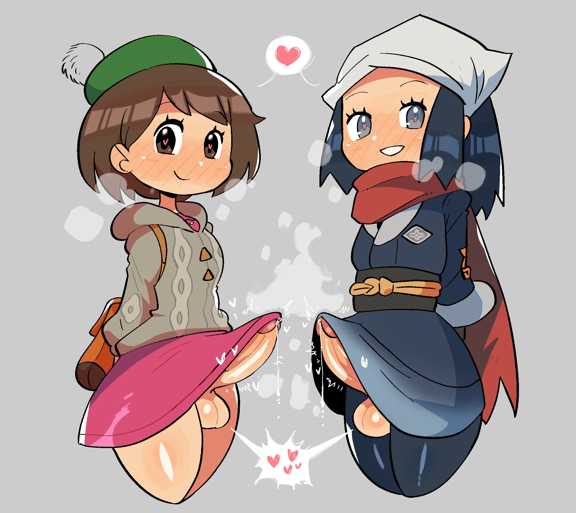 2022, 2futas, akari (pokemon), balls, big penis, bottomless, breasts, clothed, clothing, crap-man, duo, erection, erection under clothes, erection under skirt, futa only, futanari, gloria (pokemon), heart-shaped pupils, hiryouman, human, intersex, light skin, light-skinned futa, looking at viewer, mostly clothed, nintendo, penis, penis under skirt, pokemon, pokemon legends: arceus, pokemon ss, precum, precum drip, presenting, standing, tenting, uncensored