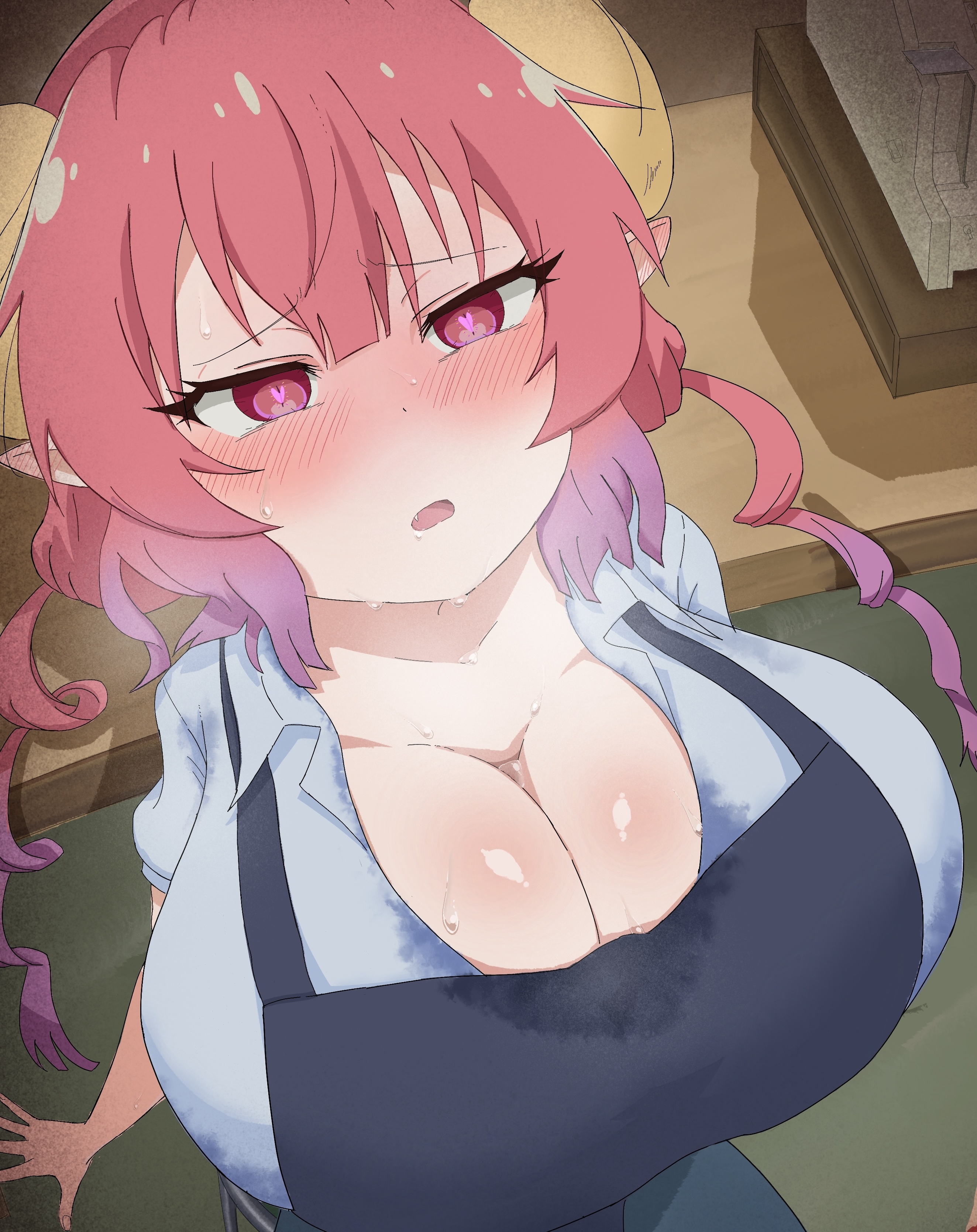 1girls, 2d, big breasts, blush, breasts, e kei1, female, female only, heart-shaped pupils, horns, huge breasts, ilulu (dragon maid), light skin, light-skinned female, miss kobayashi's dragon maid, monster girl, pale skin, pale-skinned female, pointy ears, red eyes, red hair, shortstack, smaller female, solo, standing, visible breath