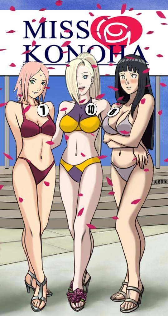 3girls, bikini, black hair, blonde hair, blue eyes, contest, female, female only, fully clothed, green eyes, haruno sakura, heels, high heels, hyuuga hinata, hyuuga hinata (naruto: the last), ino yamanaka, lingerie, naruto, naruto (series), naruto: the last, pink hair, purple lingerie, red lingerie, rose petals, sakura haruno, swimsuit, violet eyes, white skin, yamanaka ino