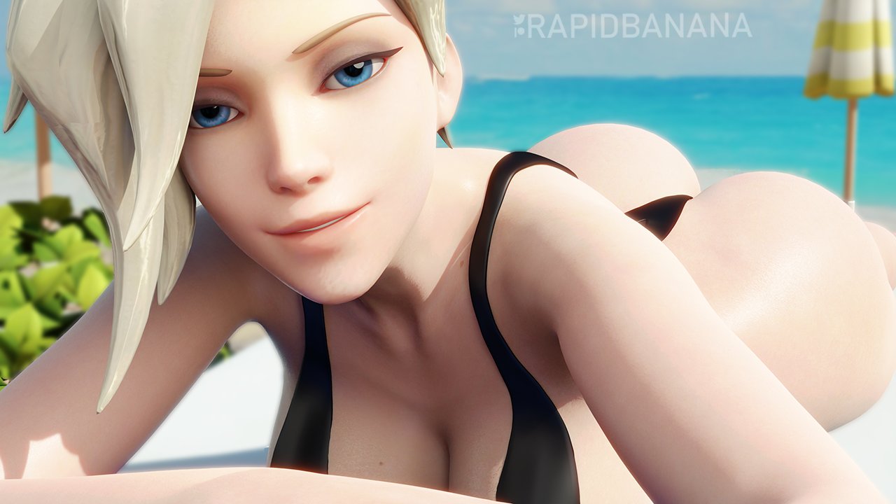 1girls, 3d, angela ziegler, ass, blizzard entertainment, blonde hair, blue eyes, cleavage, female, female focus, female only, light skin, light-skinned female, looking at viewer, mercy, overwatch, rapid banana, solo, swimsuit, swimwear, watermark