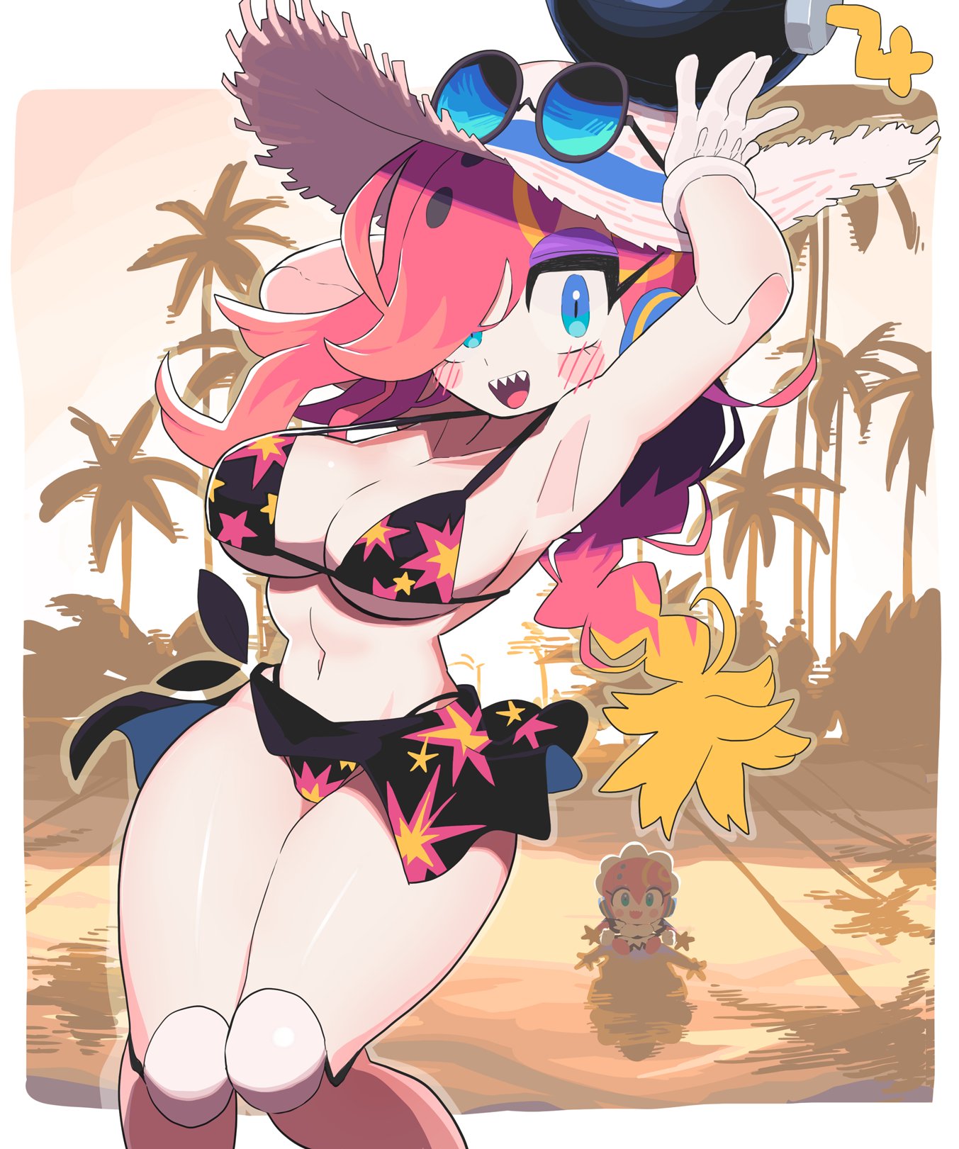 beach bikini boomina boomina_the_maidroid female gashi-gashi hips looking_at_viewer sharp_teeth straw_hat swimsuit thighs