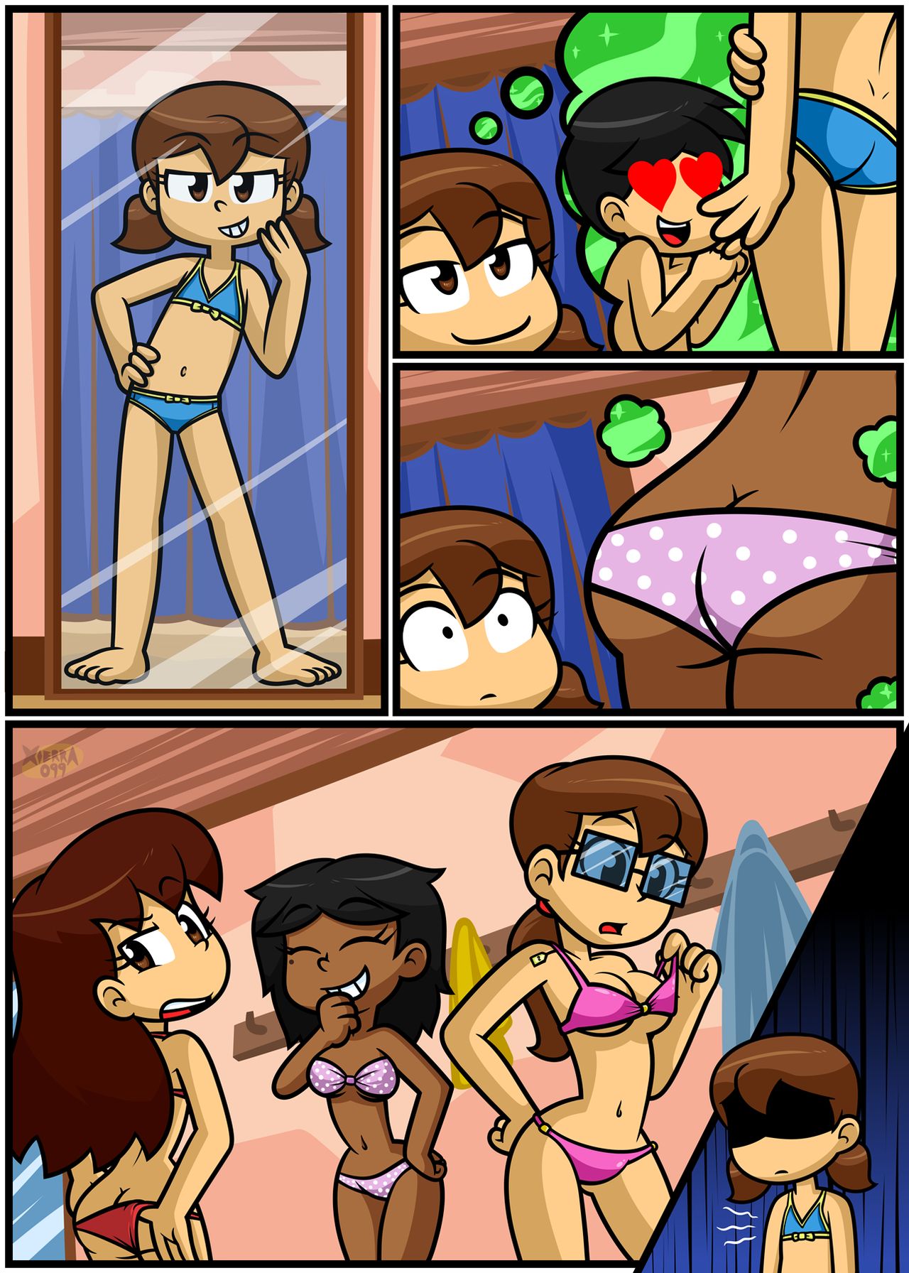 1boy 4girls age_difference ass bikini black_hair blue_bikini brown_eyes brown_hair butt butt_crack changing_room chloe_(xierra099) cleavage comic comic_page dark-skinned_female dark_skin disappointed eyebrows eyebrows_visible_through_hair eyelashes female female_only girlfriend glasses heart_eyes human human_only laughing light-skinned_female light_skin long_hair lovin’sis lucy_(xierra099) mirror mostly_nude mother_and_daughter multiple_girls navel pale-skinned_female pale_skin partially_clothed pink_bikini ponytail red_bikini spotted_bikini susan_(xierra099) swimsuit thomas_(xierra099) thought_bubble twintails underboob valerie_(xierra099) xierra099