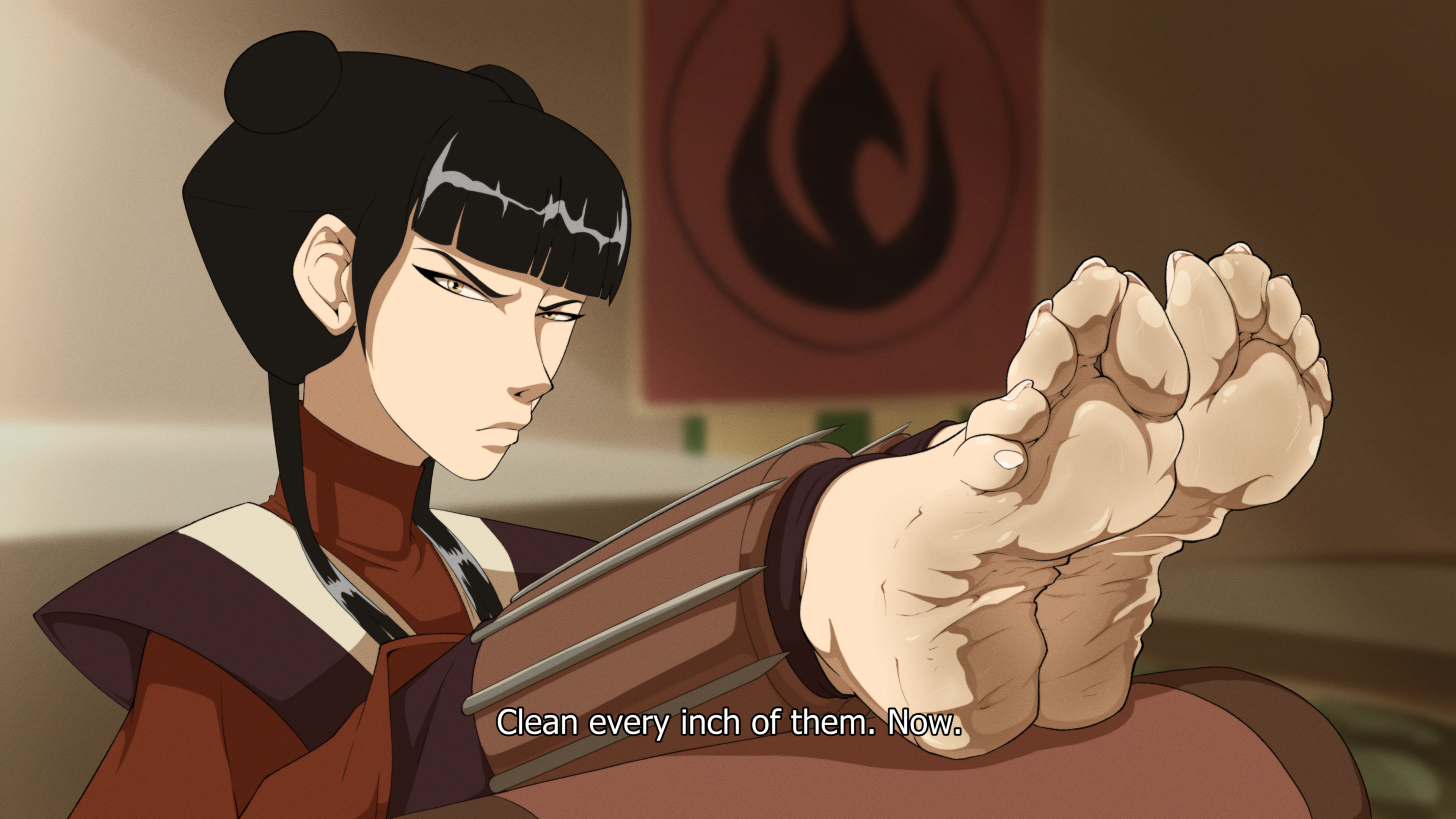 1girls, 2022, absurd res, alternate version available, annoyed, avatar the last airbender, bangs, barefoot, black hair, clothed, clothed female, clothes, clothing, command, english text, feet, feet together, female, femdom, foot focus, front view, fully clothed, hair, hi res, human, indoors, kiryu-sketchbook, legs together, light skin, light-skinned female, long hair, looking at viewer, mai (avatar), narrowed eyes, nickelodeon, presenting, presenting feet, sitting, soles, solo, talking, talking to viewer, text, toes, wrinkled feet, yellow eyes