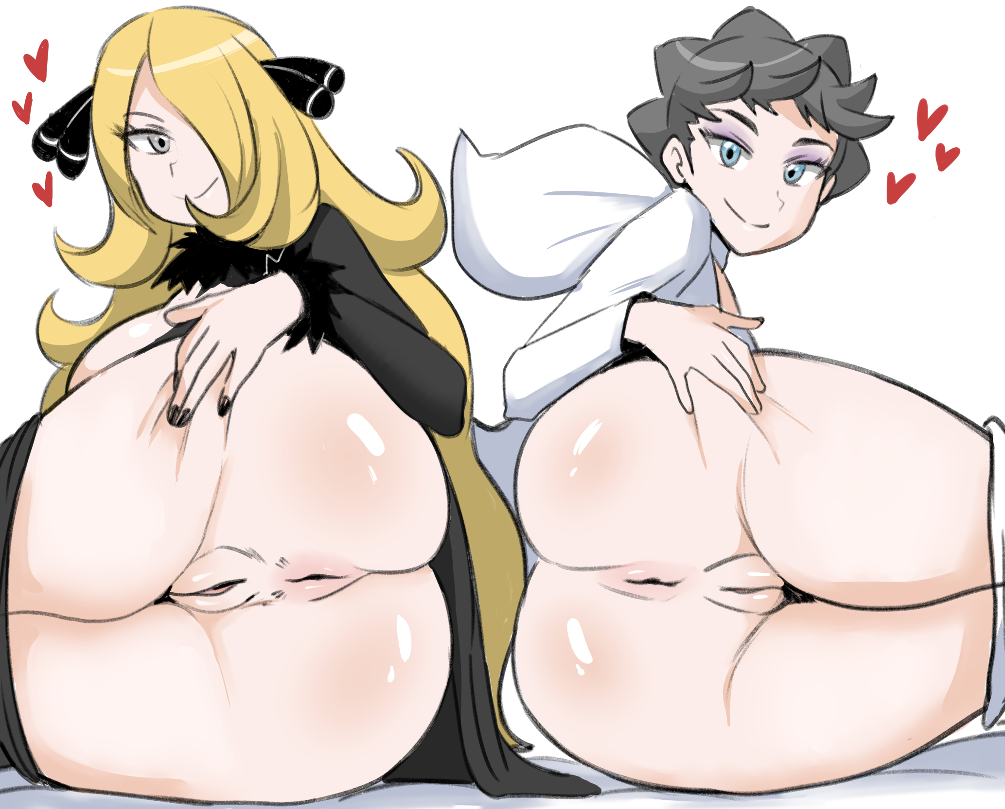 2girls, anus, ass, big ass, big butt, blonde hair, blue eyes, blush, bottomless, cynthia (pokemon), diantha (pokemon), duo, eye contact, female, female only, game freak, grabbing own ass, grey eyes, long hair, looking at viewer, mature female, multiple females, multiple girls, nintendo, pokemon, pokemon champion, pokemon dppt, pokemon xy, presenting, presenting ass, pussy, reach025, short hair, thick thighs, thighs