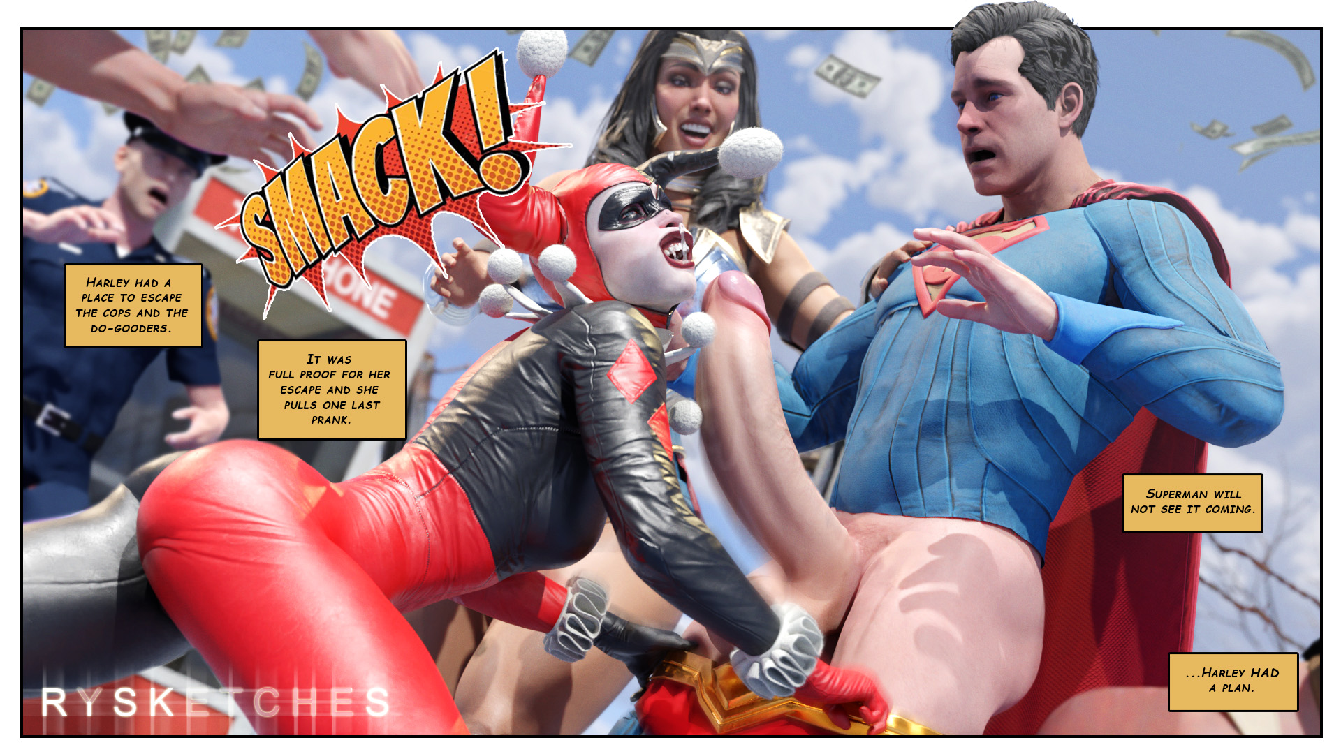 2girls, 3boys, 3d, batman (series), big penis, clark kent, cock slap, cum, cum on face, dc, dc comics, diana prince, english text, female, harley quinn, harley quinn (classic), harley quinn (injustice), huge cock, injustice 2, kal-el, male, pants pull, pantsed, penis, penis slap, police, rysketches, superhero, superheroine, superman, superman (clark kent), superman (series), tagme, text, wonder woman, wonder woman (injustice), wonder woman (series)