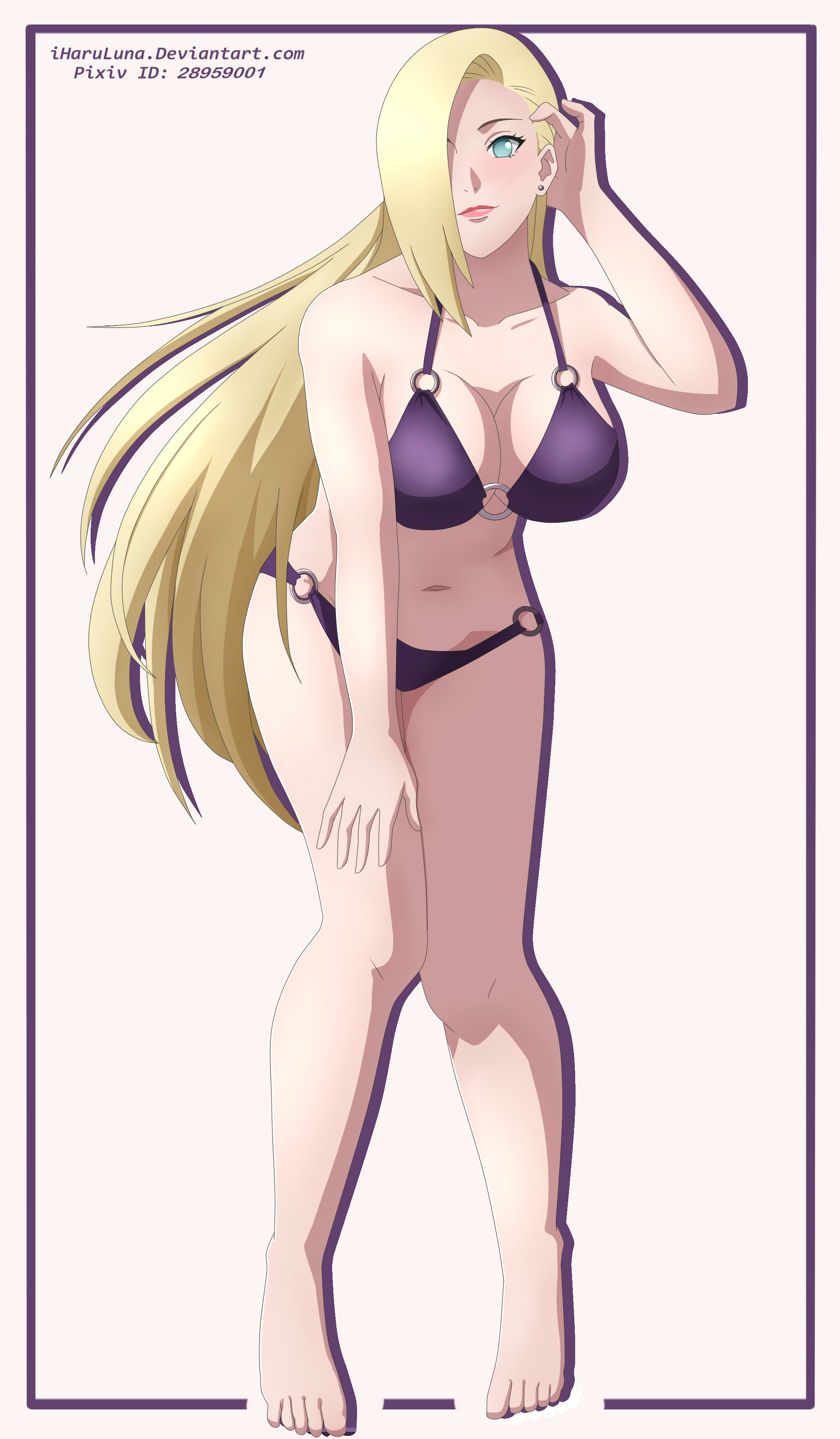 1girls, bent over, bikini, blonde female, blonde hair, blush, breasts, feet, female, female only, full body, hair over one eye, hand on own thigh, iharuluna (artist), ino yamanaka, jewelry, large areolae, light blue eyes, lipstick, long hair, makeup, naruto, naruto (series), naruto shippuden, naruto: the last, navel, nipples, pose, smile, solo, solo focus, stud earrings, swimsuit, text, toes, url, very long hair