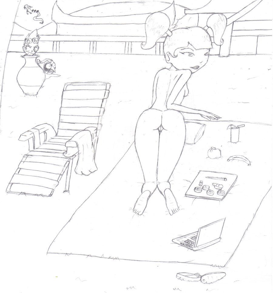 1girls ass barefoot beach beach_chair blanket breasts drinking_glass food from_behind iamnotcool123 jack_spicer kimiko_tohomiko laptop lipstick monochrome nude nude_beach outdoors outside pussy rough_art sandals sketch sketchy sneaking straw tied_hair twintails uncensored voyeur wuya xiaolin_showdown