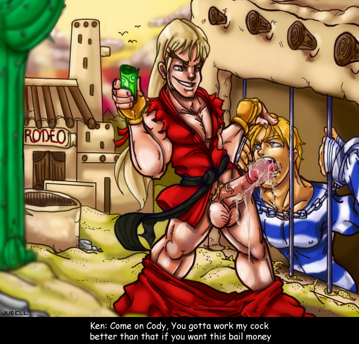 big_balls blonde_hair chain cody_travers english_text erection final_fight gay hand_on_head in_public jubell ken_masters licking licking_penis long_hair male male_only money mouth_open multiple_males nipple_bulge outdoors pants_around_ankles prison street_fighter striped_clothes tagme torn_sleeves wrist_cuff yaoi