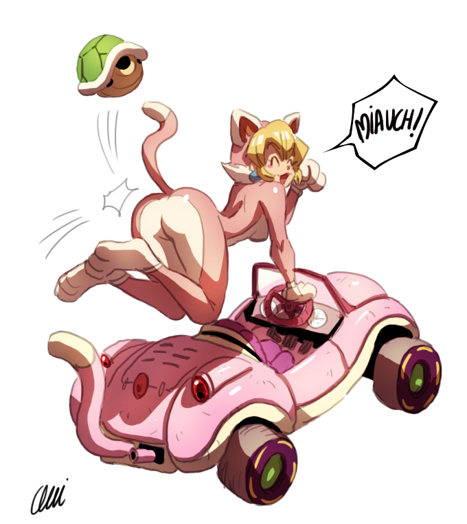 1girls ass blonde_hair blush cat cat_ears cat_peach cat_tail catsuit closed_eyes curvy earrings female female_only kart mario_(series) mario_kart nintendo ono-fire open_mouth princess princess_peach shell speech_bubble super_mario_3d_world tagme thick thighs wide_hips