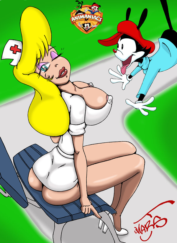 animaniacs ass black_fur clothes color female fur hello_nurse heloise_nerz high_heels human interspecies lipstick male marsj outdoors sitting straight tagme wakko_warner white_fur wink