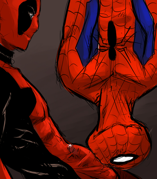 2boys artist_request bodysuit clothed_erection clothed_sex deadpool erection erection_under_clothes fully_clothed gay male male_only marvel mask masked masks multiple_males oral peter_parker precum spandex spider-man spider-man_(series) tagme visible_penis_shape wade_wilson yaoi