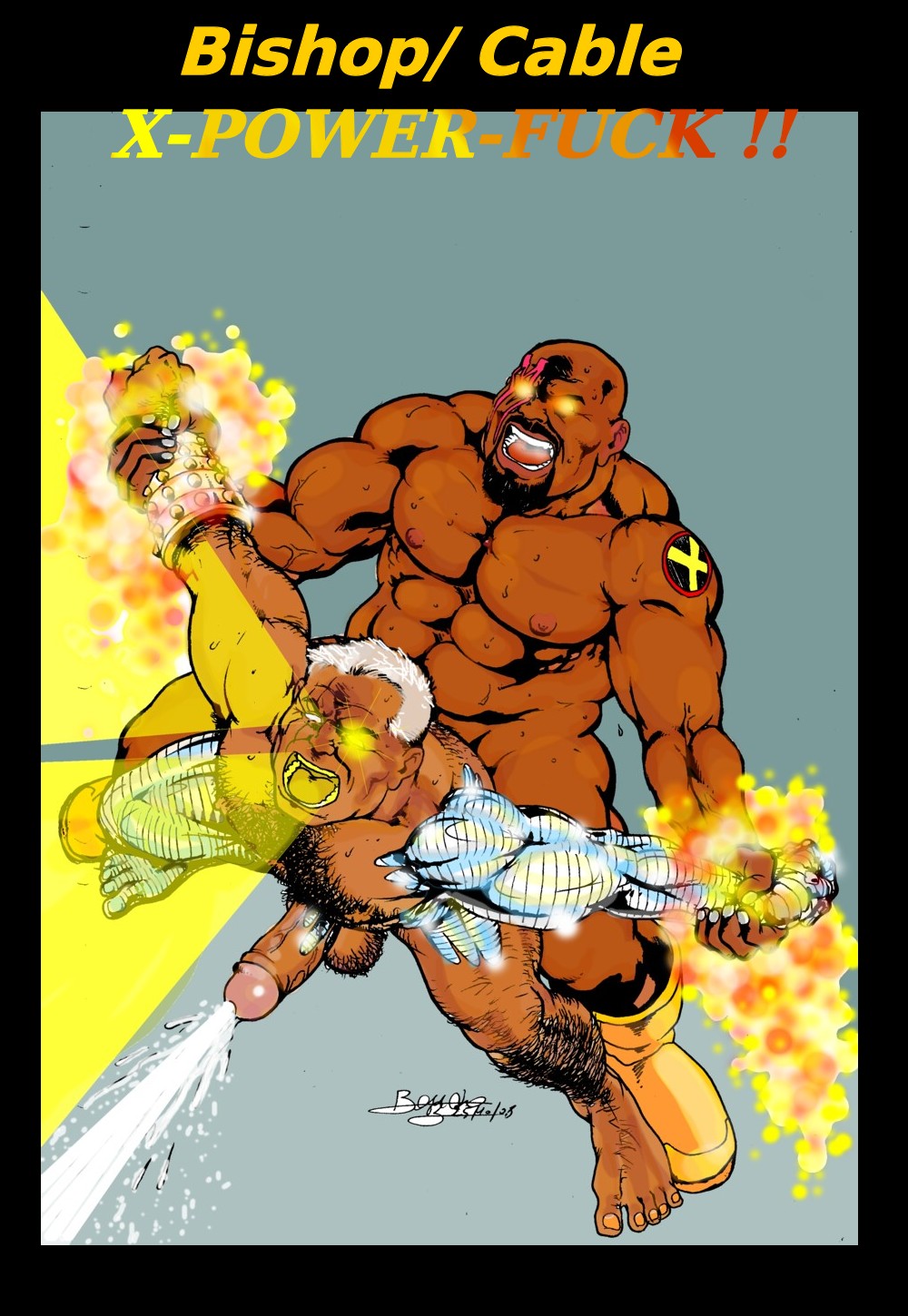 anal_penetration anal_sex bionic_arm bionic_leg boner bruno_b cable_(x-men) cum_explosion cum_in_ass cum_while_penetrated dark-skinned_male dark_skin erect_nipples erection from_behind_position glowing_eyes interracial light_beams lucas_bishop male male_only marvel multiple_males nathan_summers nude open_mouth scars suspended_congress white_hair x-men yaoi