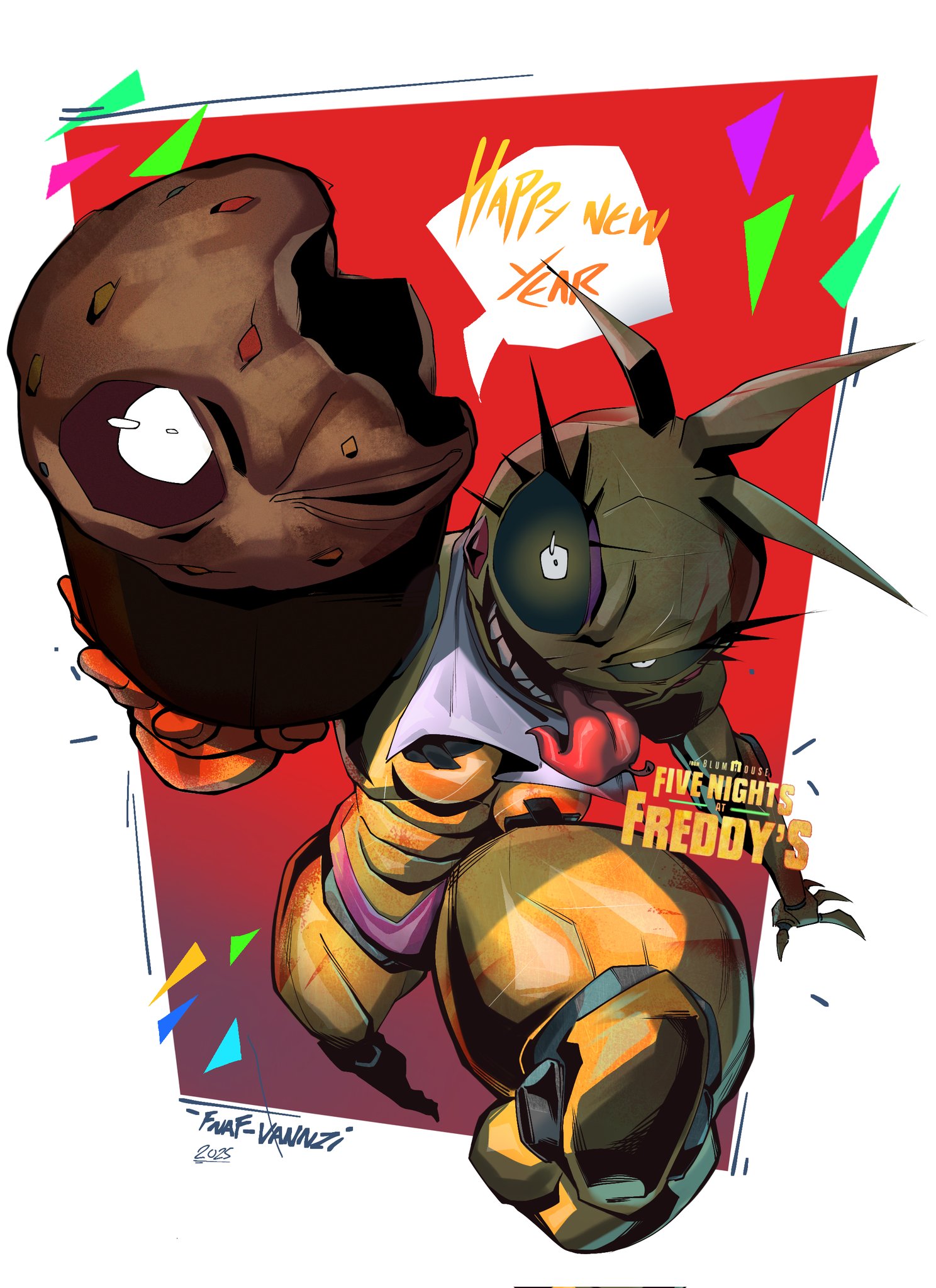1girls, 2025, 2d, 2d (artwork), 2d artwork, abstract background, animal humanoid, animatronic, animatronic female, anthro, artist name, artist request, barely clothed, big thighs, black sclera, breasts, breasts out, clothed, clothed female, clothing, cupcake (fnaf), curvaceous, curvy, curvy female, curvy figure, dialogue, english, english dialogue, english text, evil grin, evil smile, female, female only, five nights at freddy's, five nights at freddy's (film), five nights at freddy's 2, fnaf, glowing eyes, gradient background, happy new year, hi res, highres, hourglass figure, humanoid, joints, large thighs, medium breasts, new year, panties, pasties, revealing clothes, robot, robot girl, robot humanoid, robot joints, scottgames, shiny skin, shirt, shirt lift, shirt up, skimpy, skimpy clothes, solo, solo female, speech bubble, text, thick, thick legs, thick thighs, thighs, tongue, tongue out, toy chica (fnaf), watermark, wicked smile, yellow eyes