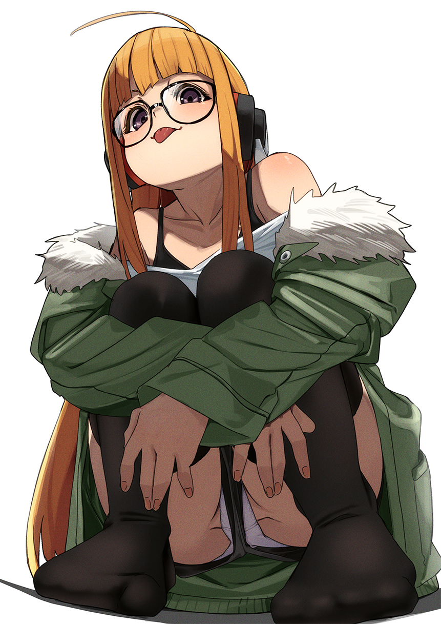 :p, ahoge, behind-the-head headphones, black shorts, black thighhighs, collarbone, commentary request, female, fu-ta, fur trim, fur-trimmed jacket, green jacket, headphones, highres, jacket, long hair, no shoes, orange hair, panties, persona, persona 5, purple eyes, sakura futaba, short shorts, shorts, simple background, solo, squatting, thighhighs, tongue, tongue out, underwear, very long hair, white background, white panties