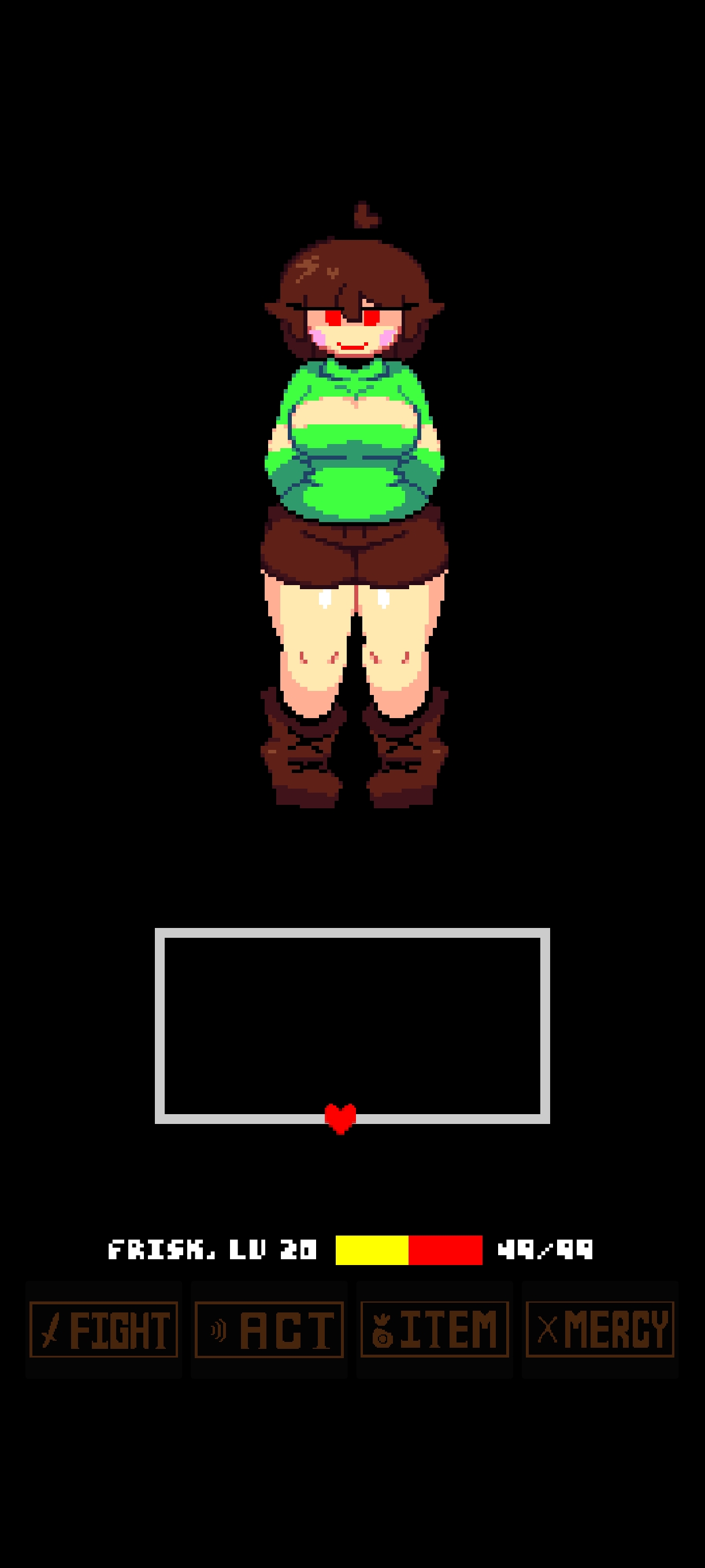 big breasts, breasts, chara, chara (lovemaniac), chara (undertale), clothed, female, female chara, frisk, game screenshot, love maniac, male frisk, red eyes, team nebula, text, undertale, undertale (series), undertale au