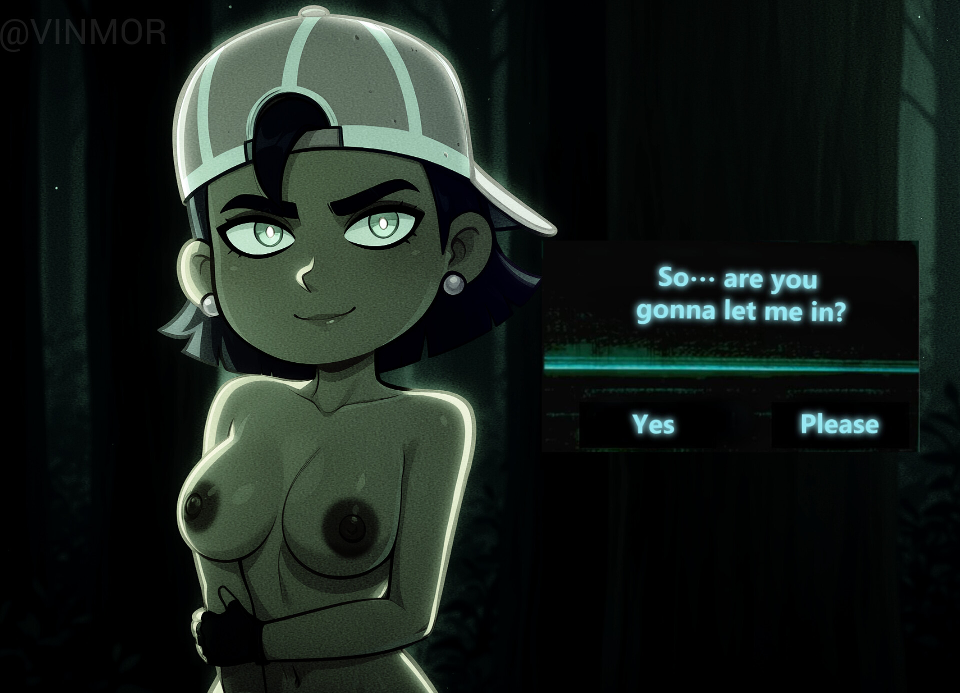 aged up, ai assisted, ai generated, artist name, backwards baseball cap, backwards hat, baseball cap, boobs focus, breasts, cap, completely nude, completely nude female, female, female focus, female only, filter, forest, forest background, green background, green eyes, hand on arm, hat, hat only, hello neighbor, looking at viewer, maritza esposito, medium breasts, meme, meme reference, naked, naked female, navel, nipples, no bra, no clothes, no underwear, no, i'm not a human, no, i'm not a human (meme), nude, nude female, outdoors, outside, pink cap, pink hat, showing, showing breasts, smile, solo, solo focus, standing, straight, sweat, text, text box, text bubble, texting, tomboy, uncensored, vinmor