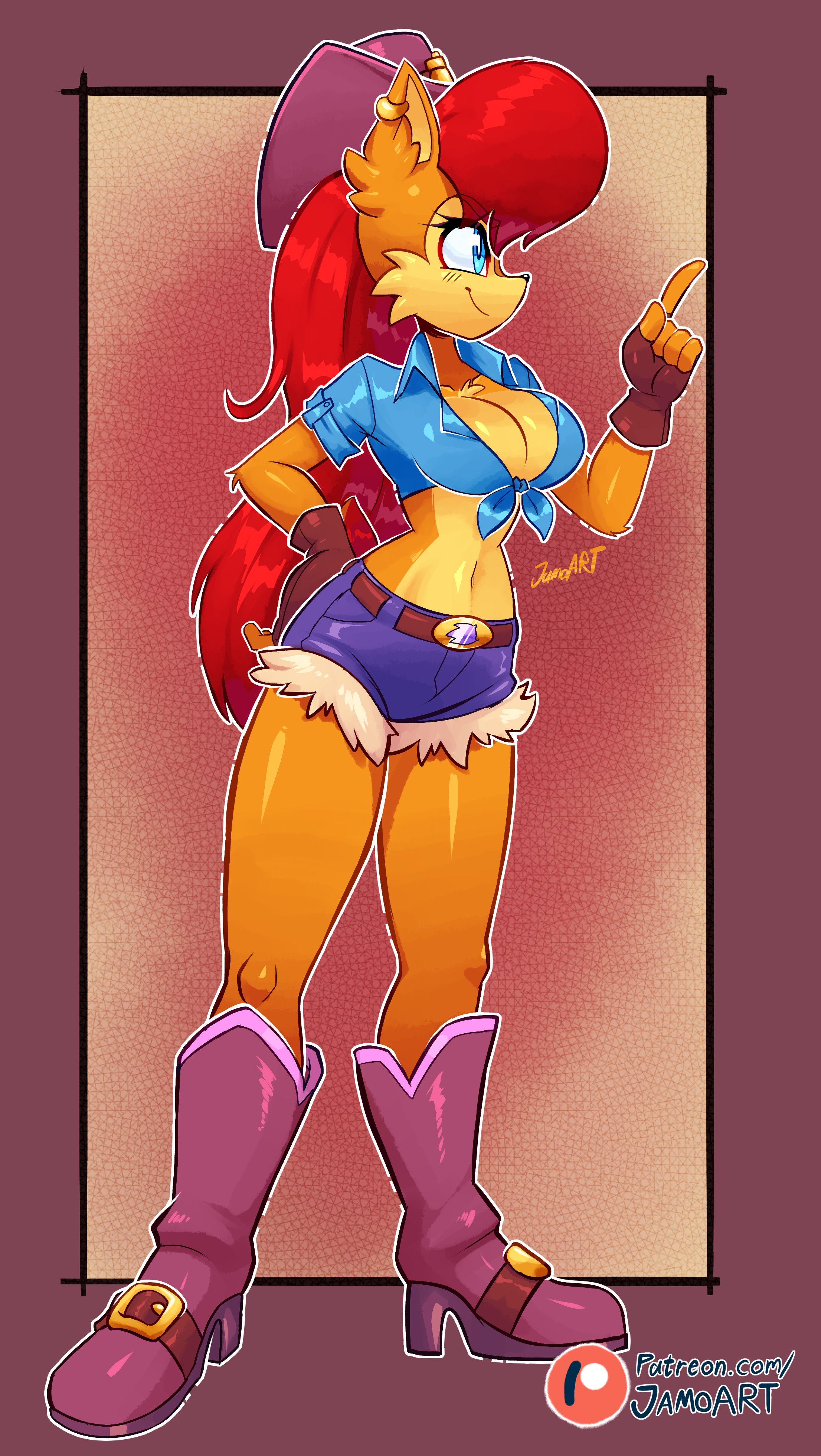 1girls, absurd res, anthro, anthro only, big breasts, blouse, boots, breasts, cleavage, clothed, clothing, cowboy hat, cowgirl, earrings, eyelashes, eyeliner, female, female only, fur, furry, furry only, gloves, hat, heels, hi res, jamoart, long hair, makeup, sally acorn, sega, shirt, shorts, solo, sonic (series), sonic the hedgehog (series), standing, tail, tied shirt, very long hair