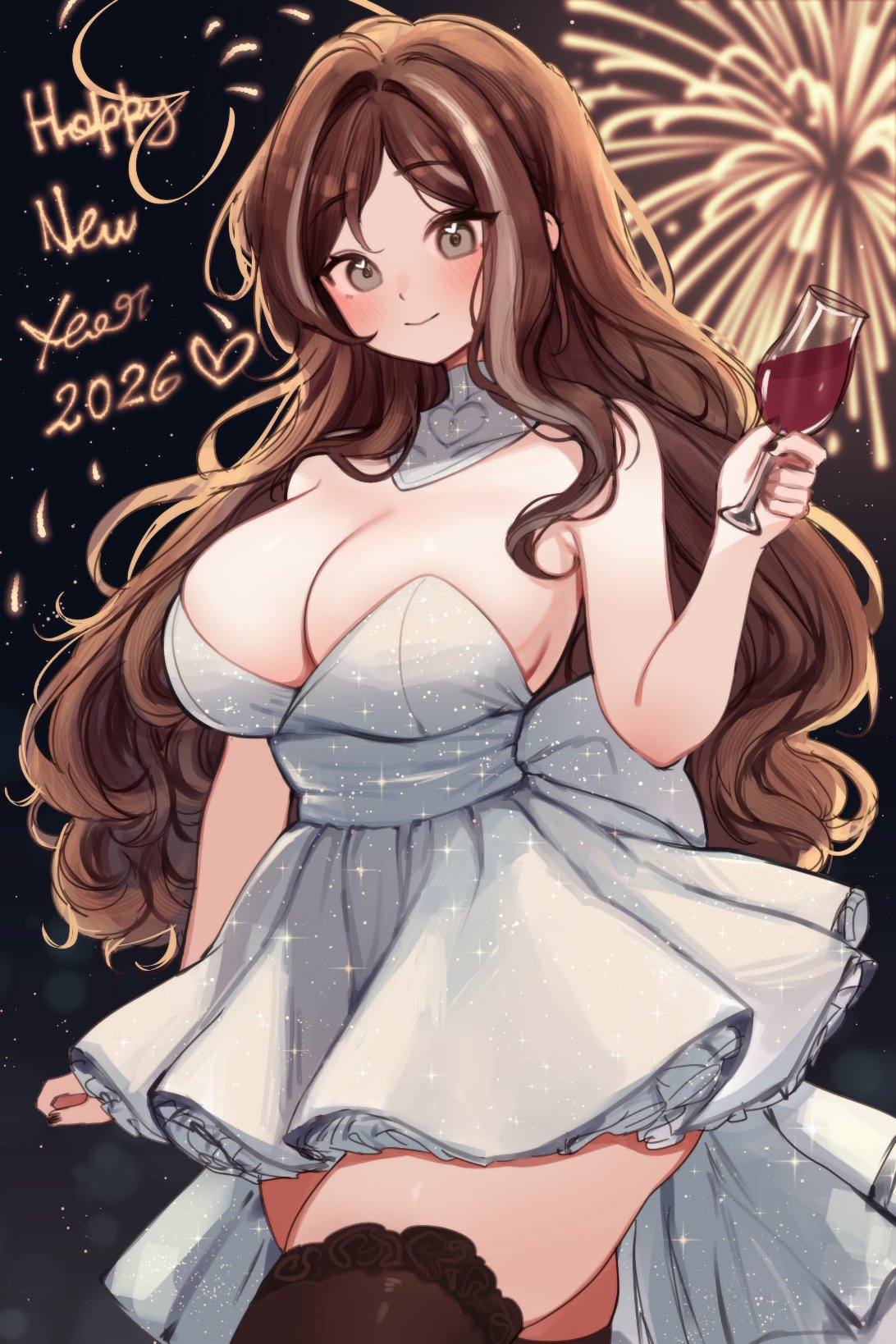 1girls, breasts, dress, english text, female, female focus, female only, indie virtual youtuber, large breasts, light skin, light-skinned female, new year, original, sky (skyaboveme), skyaboveme, solo, text, thick thighs, thighhighs, thighs, virtual youtuber, white background, wide hips