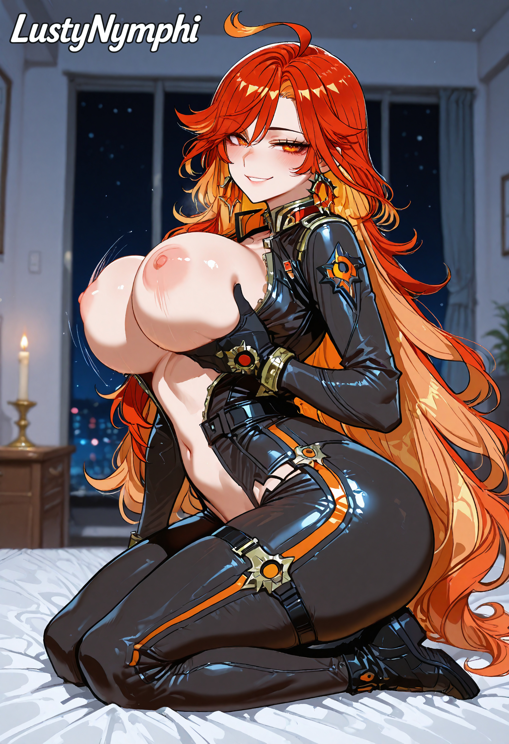 1girls, ai generated, artist name, breasts, female, female only, genshin impact, long hair, lustynymphi, mavuika (genshin impact), nipples, solo, uncensored, watermark