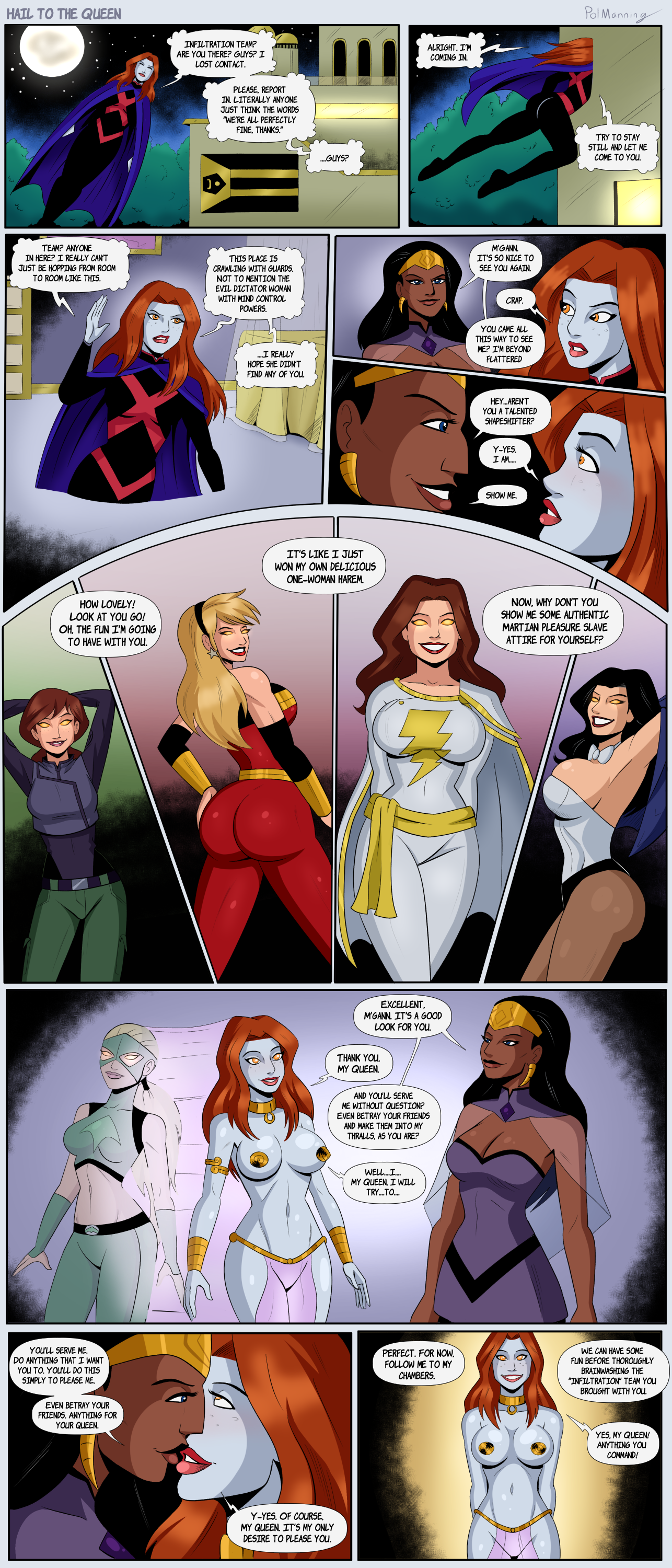 2girls, alien, alien girl, alien humanoid, armband, armpits, arms behind head, arms up, artemis crock, artist name, ass, ass expansion, ass growth, avengers, barely clothed, barely contained, barely contained breasts, before sex, black hair, blonde hair, blue eyes, bracelet, breast expansion, breast growth, breast growth (enlargement), brown eyes, brown hair, cape, cassie sandsmark, cleavage, collar, comic, commission, costume, dark skin, dark-skinned female, dc, dc comics, dialogue, earrings, english, english text, female, female only, femdom, femsub, hairband, hand on ass, hand on own ass, harem, harem girl, harem outfit, hips, hourglass figure, hypnosis, hypnotic eyes, hypnotized, hypnotized female, justice league, large ass, magician, magician tuxedo, martian, marvel, mary bromfield, mary marvel, mask, masked, masked female, metal pasties, midriff, midriff baring shirt, mind control, miss martian, navel, navel visible through clothes, no pupils, panels, pantyhose, pasties, plump lips, polmanning, ponytail, presenting, presenting hindquarters, queen bee (dc), red hair, red lipstick, shape shifter, shapeshifter, shapeshifting, slave, slave collar, slave girl, slave outfit, smile, smiling, speech bubble, superhero, superhero costume, superheroine, teen titans, text, tiara, traci 13, traci thirteen, traci thurston, transformation, white skin, wide hips, wonder girl, wonder girl (cassie sandsmark), x-men, yellow eyes, young justice, yuri, zatanna, zatanna zatara