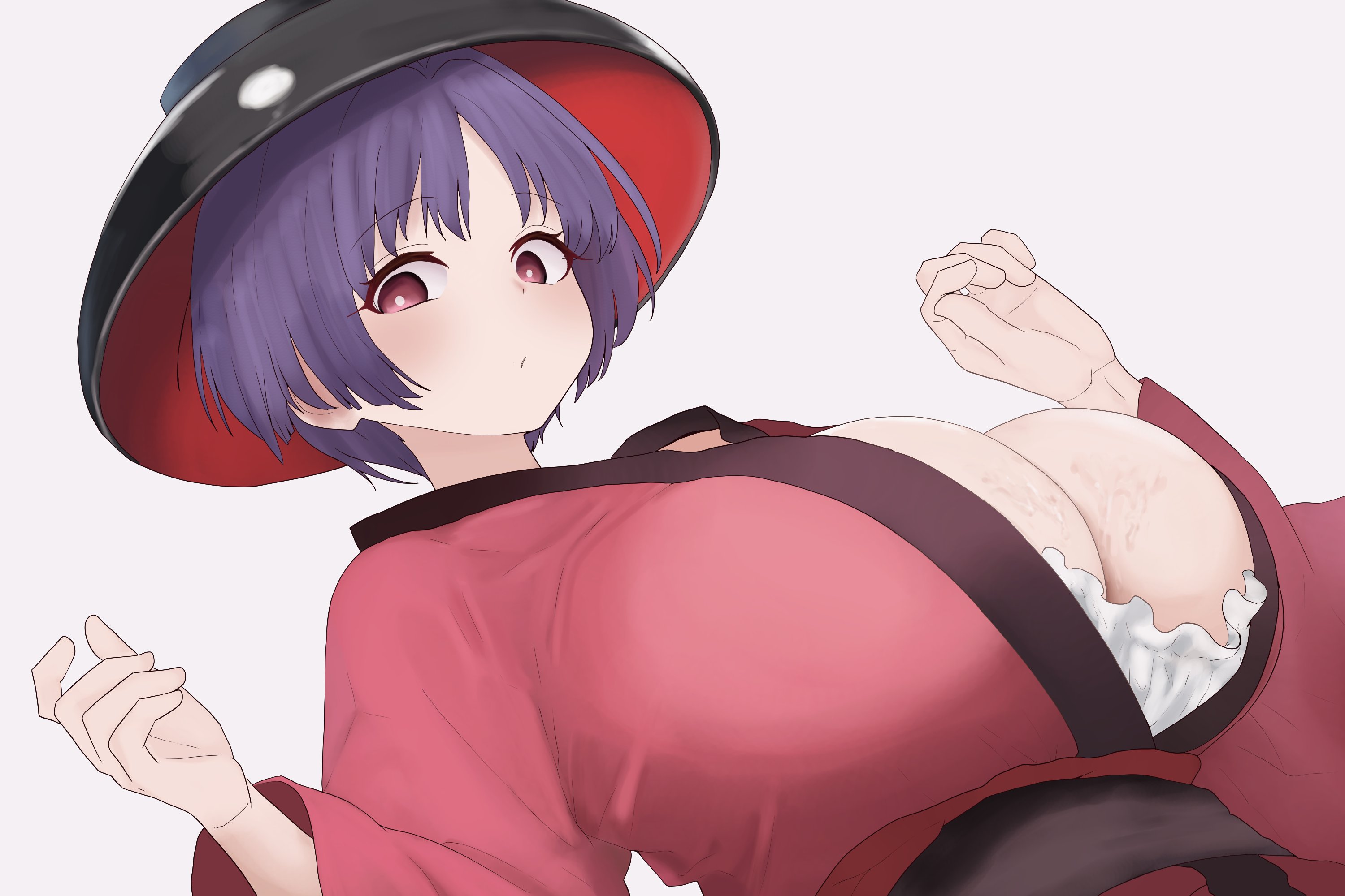 alternate breast size (larger), arms up, black hat, bowl, bowl hat, breasts, cleavage, commentary request, female, hat, highres, huge breasts, japanese clothes, kimono, large breasts, looking at viewer, moriforest1040, purple hair, red eyes, red kimono, short hair, simple background, solo, sukuna shinmyoumaru, touhou, white background, wide sleeves
