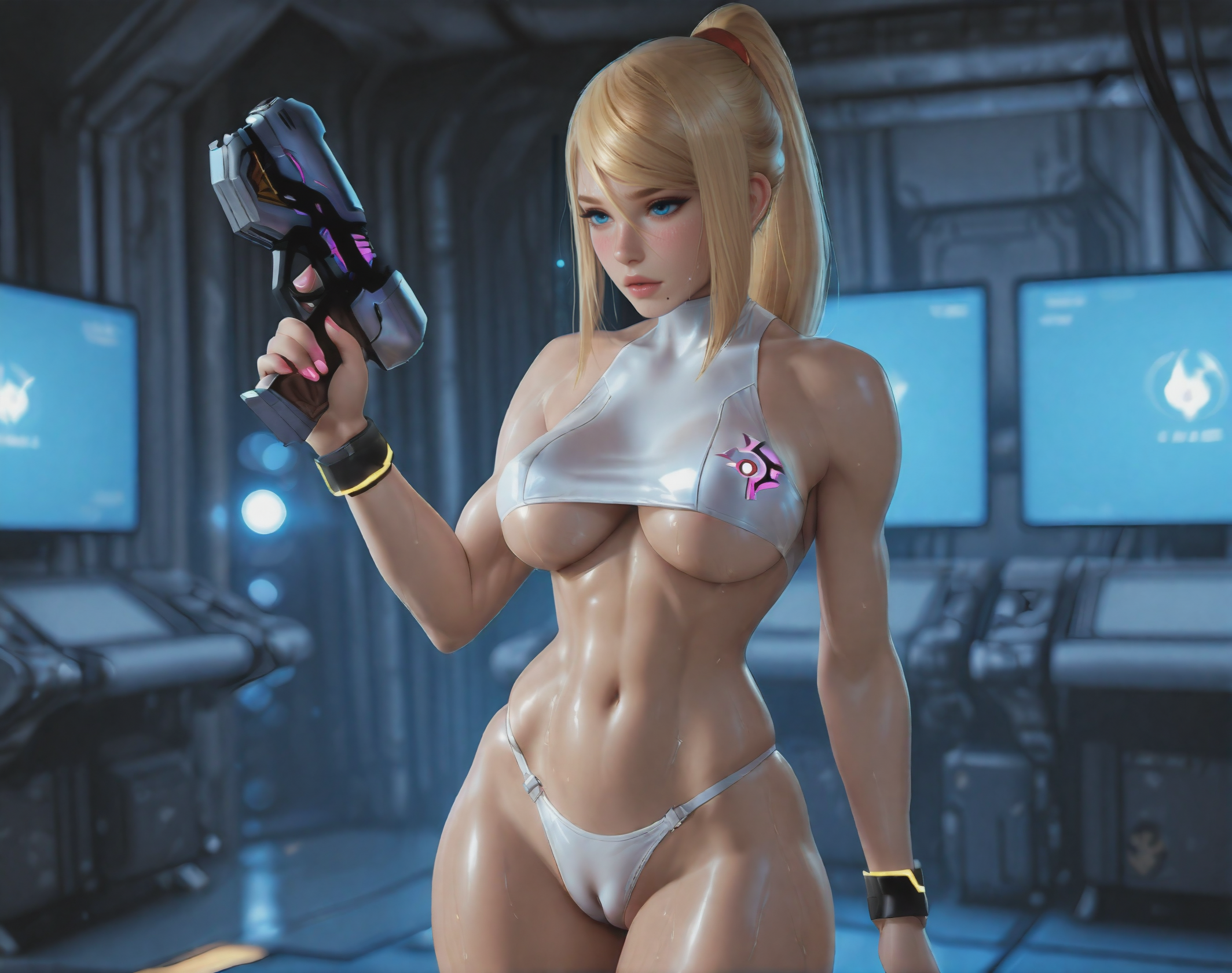 1girls, 2025, 2d, ai generated, aistuffo, athletic, belly, big breasts, blonde female, blonde hair, blue eyes, bracelet, breasts, cameltoe, female, female only, gun, hips, indoors, metroid, mole, mole under mouth, muscular, nintendo, panties, pistol, ponytail, samus aran, sci-fi, skin gloss, smooth skin, solo, sweat, thick thighs, thong, topwear, underboob, wide hips
