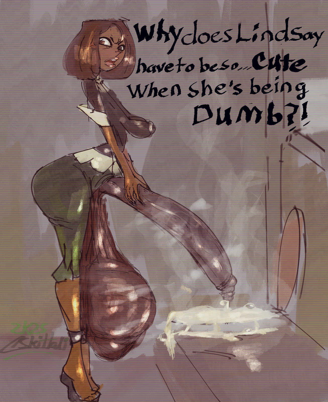 1futa, artist signature, ass, balls, big ass, breasts, breasts out, brown hair, clogged toilet, color, courtney (tdi), cum, cum in toilet, cumming, cumming in toilet, dark skin, dark-skinned futa, detailed background, futanari, hanging balls, high heels, hyper, hyper balls, hyper penis, long penis, mostly clothed, oily skin, penis, public toilet, sketchy, skittali, standing, steam, steaming body, text, thin waist, toilet, total drama island