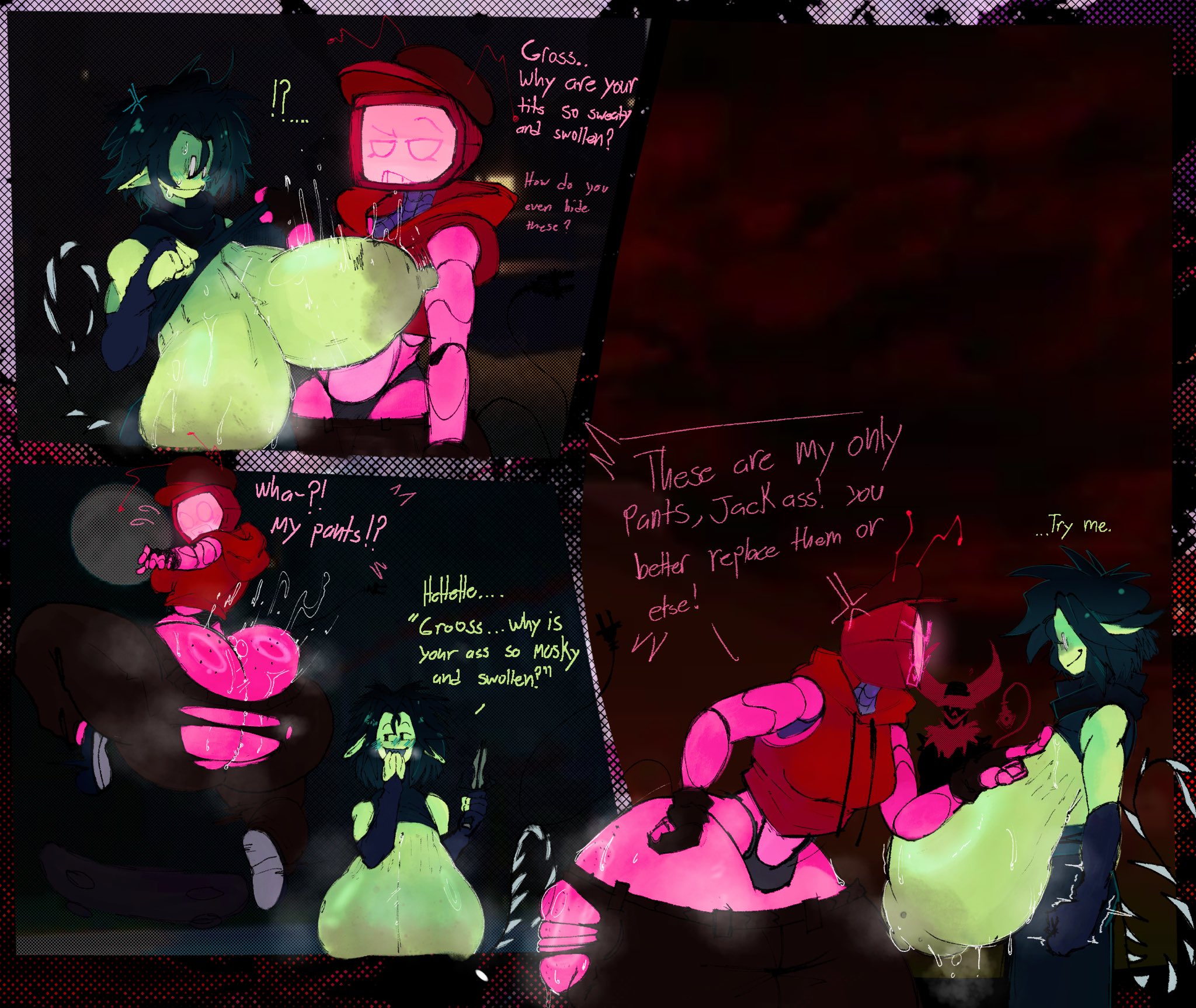 1boy, 2girls, alternate version available, arguing, ass, ass expansion, big ass, big breasts, big butt, black hair, breast expansion, breasts, butt, comic, comic page, dialogue, english text, forsaken (roblox), green skin, growth, guest 666, guest 666 (forsaken), huge ass, huge breasts, hyper ass, hyper breasts, musky, musky butt, pink body, ripped clothing, ripped pants, roblox, roblox game, robloxian, robot, robot girl, robot humanoid, screen face, suprised, suprised look, sweat, sweaty, sweaty ass, sweaty body, sweaty breasts, text, thong, tv, tv head, two time, two time (forsaken), u nkno3ngrounds, veeronica, wardrobe malfunction